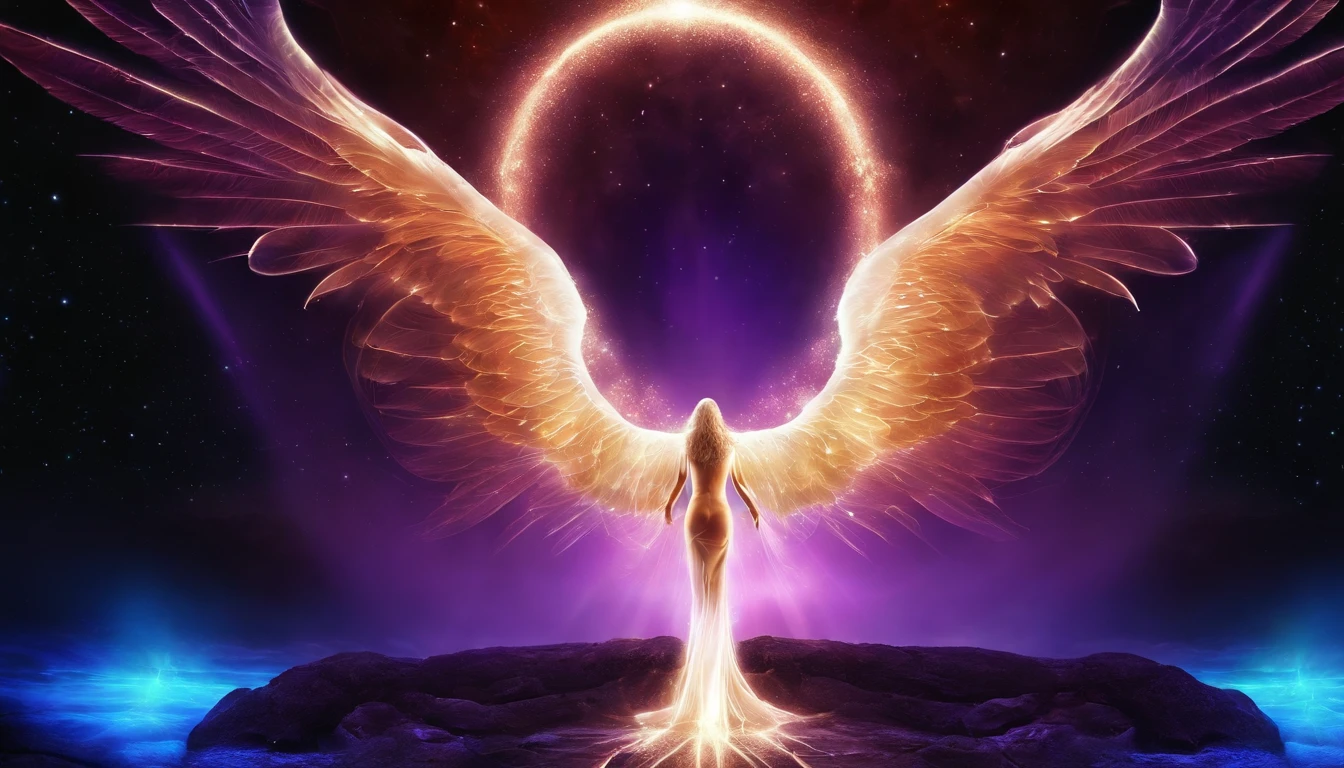 Cosmic Fallen Angel, glowing light eyes, Soul Serenity: Guided Relaxation Mix for Inner Peace, eerie, Creepy, nightmarish, Very bright colors, Light particles, with light glowing, Mshiff, wallpaper art, UHD wallpaper