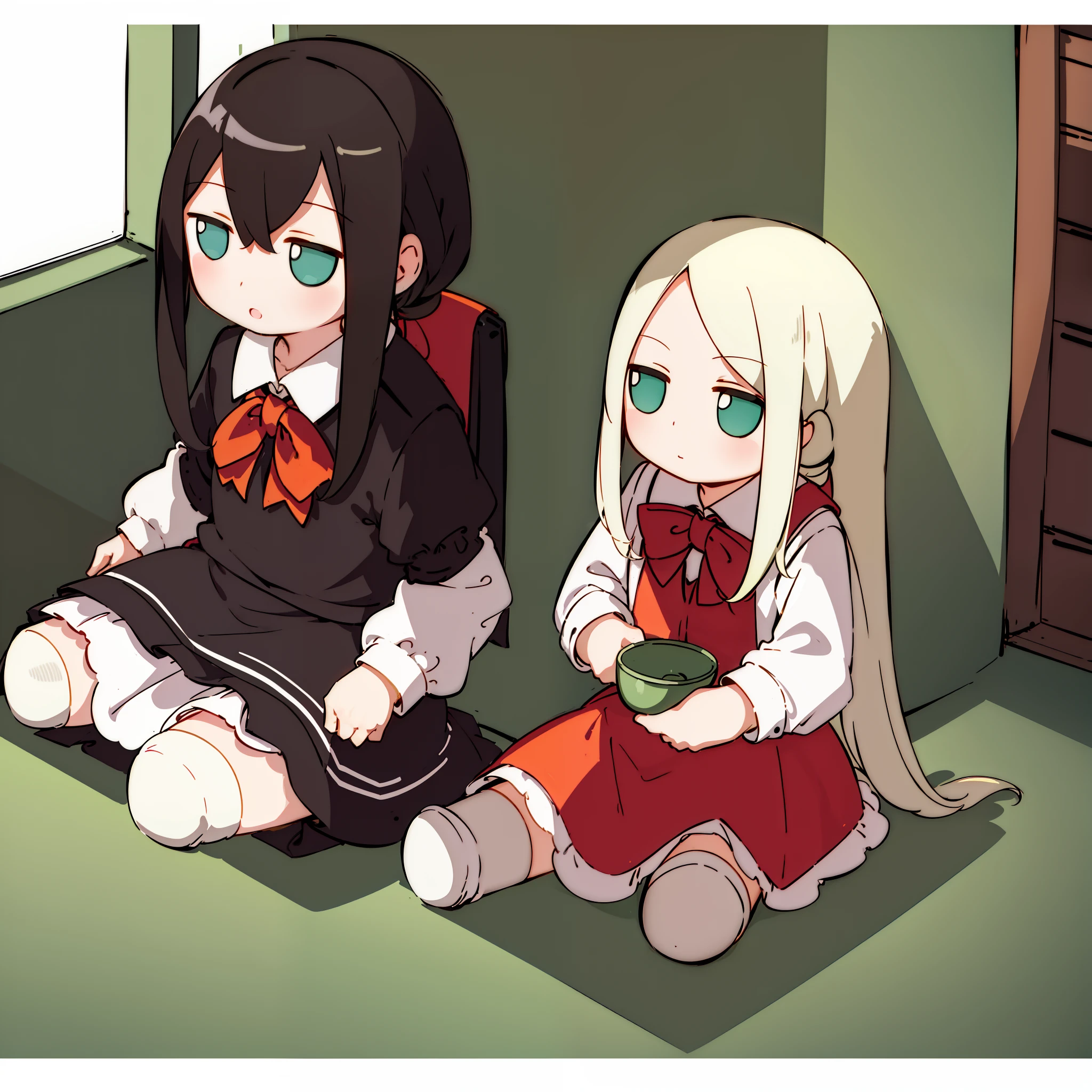 1girl, solo, hair ornament, green eyes, ponytail hair, long hair, school dress, fumo, doll, sitting on mini chair, black hair