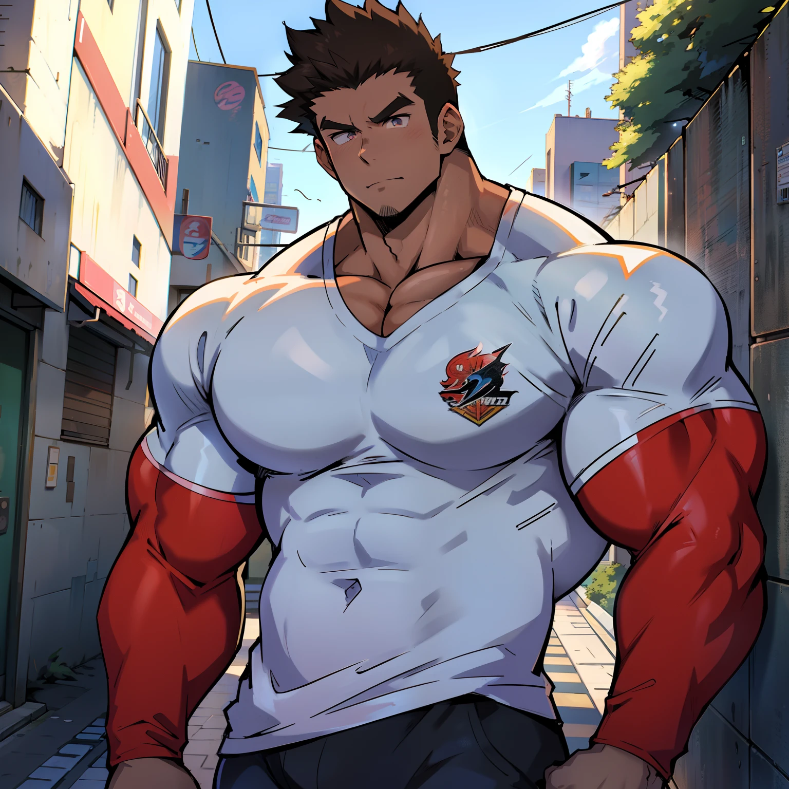 ((Anime style art)), Extremely muscular masculine character, bodybuilder body, wearing a V-neck t-shirt, The character is leaning against a wall. Pockets, Futuristic cityscape, Busy route, Buildings, person
AS & Vehicles. Main character from the anime, Nice image, Hard drive, 4k, Main character leaning against a wall with his hands at face level.