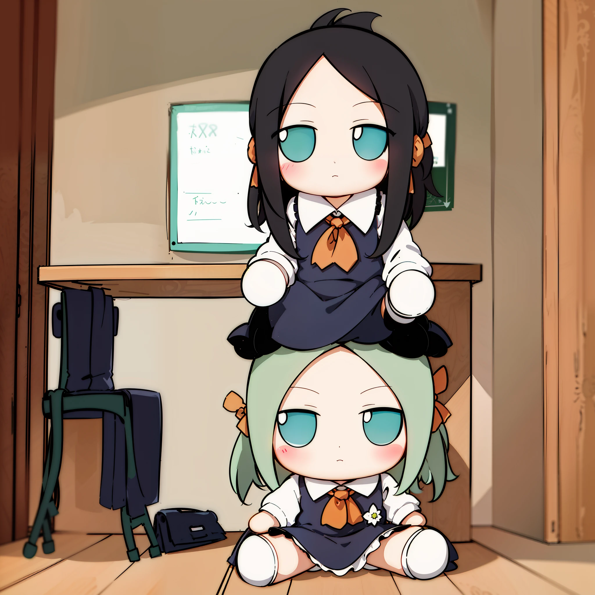 1girl, solo, hair ornament, green eyes, ponytail hair, long hair, school dress, fumo, doll, sitting on mini chair, black hair