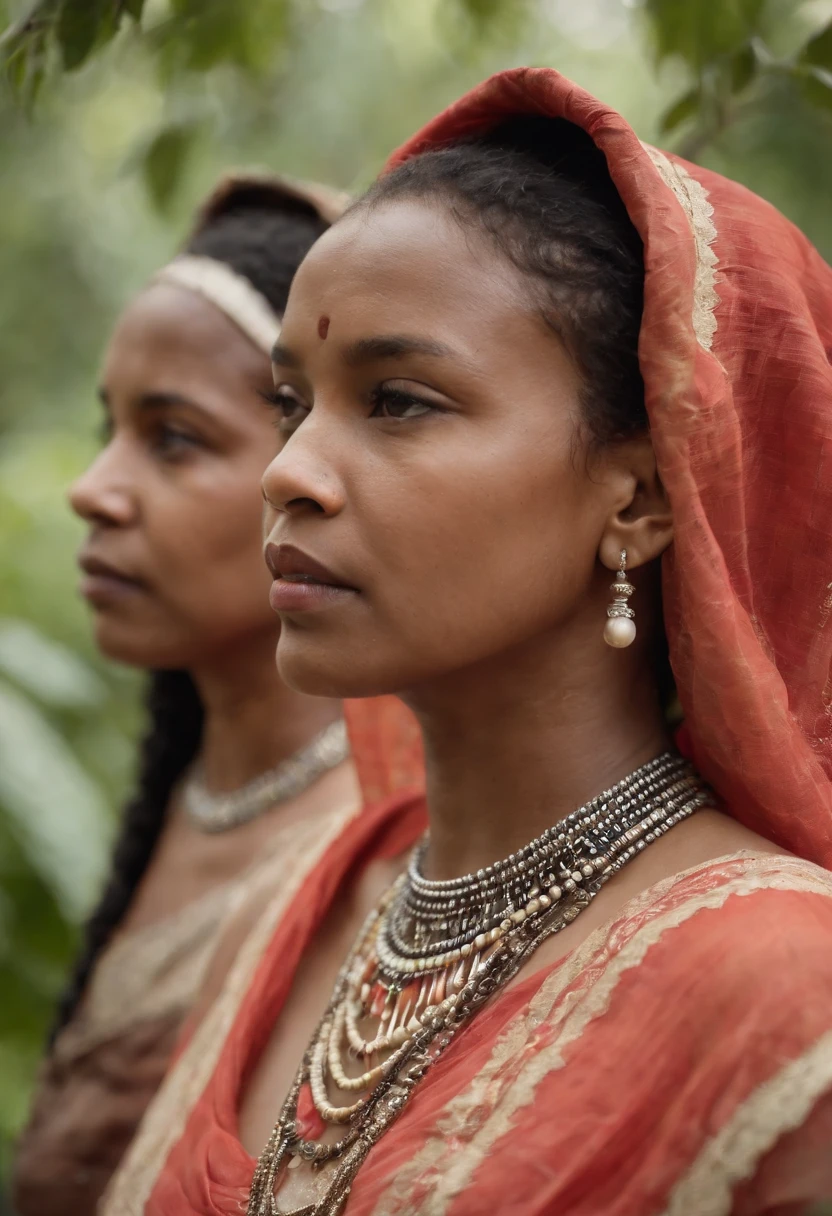 Ranavalona III, the last queen of Madagascar, dressed in a traditional Malagasy dress, traveling by palanquin through dense forest to Tamatave. She is accompanied by her sister and pregnant niece. The expression on their faces is serious and determined. Image Quality : 4K