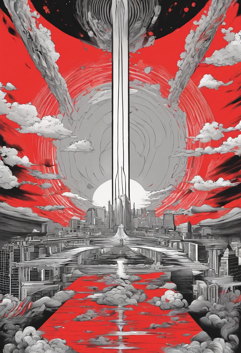 The end of the world,nuclear bomb,atomic bomb,H-bomb,Black red,wide angles,Look up,Big perspective,blasts,destroy