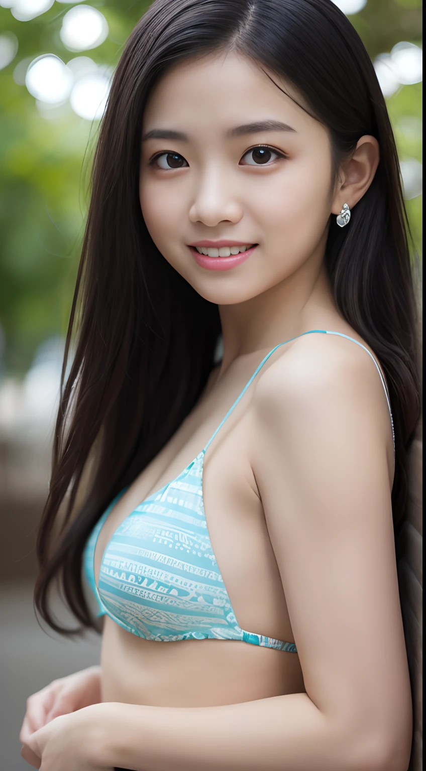 Masterpiece, highest quality, 8k, , Japanese girl, raw photo, absurdity, award-winning portrait, smile, smile, solo, micro bikini, summer clothes, idol face, violasses, gardenia, delicate Girl, long black hair, dark eyes, upper body, DSLR, looking at viewer, candid, sophisticated, youthful, thin arms, professional lighting, film grain, chromatic aberration, (eye and face details: 1.0), (bokeh Taste:1.1)