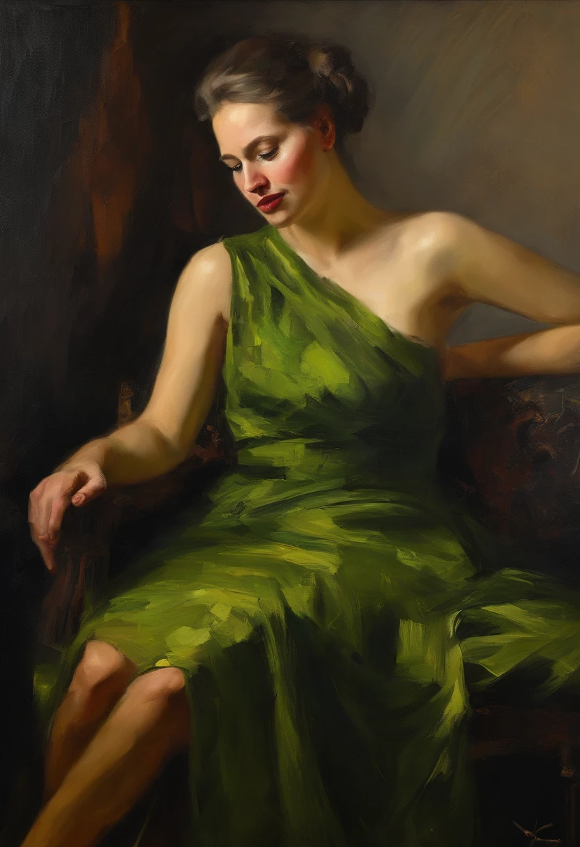 Image of a woman looking at the camera, leaning on her hand, smiling, wearing a beautiful green dress, with cleavage, sitting on a sofa, sensual painting, Beautiful expressive painting, Wadim Kashin. Ultra Photorealism, Louise Ross, Digital Painting Art, Perceptual Digital Painting, Stylish Digital Painting, Bonito Painting, Glossy Digital Painting, Beautiful Digital Painting, Digital Art Painting, Fine Paintings, Rough Strokes, Palette Knife, Impasto, Albrecht Dürer, Rembrandt, Baroque art, alla prima, sfumato, chiaroscuro, intense light, lamp