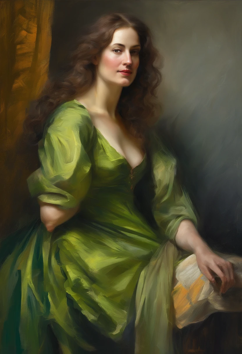 Image of a woman looking at the camera, leaning on her hand, smiling, wearing a beautiful green dress, with cleavage, sitting on a sofa, sensual painting, Beautiful expressive painting, Wadim Kashin. Ultra Photorealism, Louise Ross, Digital Painting Art, Perceptual Digital Painting, Stylish Digital Painting, Bonito Painting, Glossy Digital Painting, Beautiful Digital Painting, Digital Art Painting, Fine Paintings, Rough Strokes, Palette Knife, Impasto, Albrecht Dürer, Rembrandt, Baroque art, alla prima, sfumato, chiaroscuro, intense light, lamp