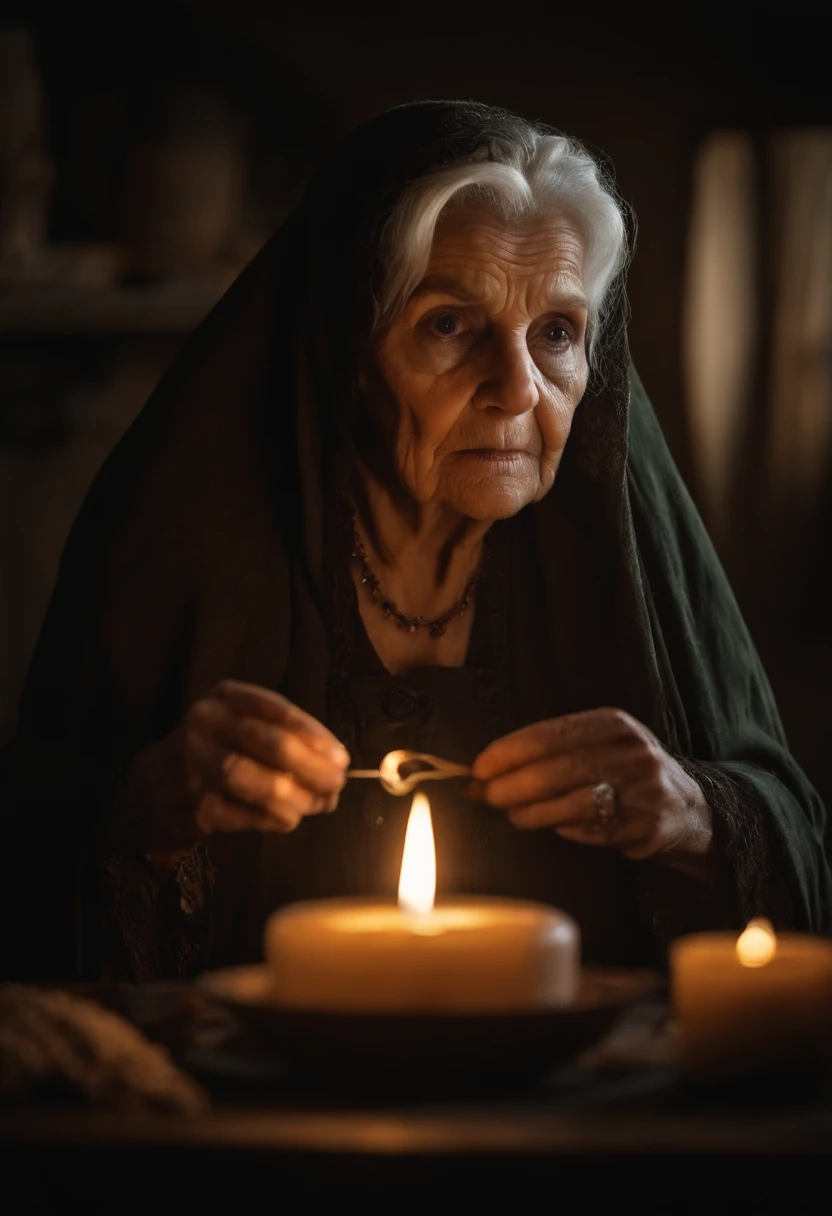 filme de terror, Cursed Old Woman, ,Very ugly old woman, in a dark environment,bruxa, cheia de rugas e cortes no rosto, na casa dos 90 anos, fundo de uma cozinha escura, olhos todos pretos, Roupas escuras, Rasgado, candle in hand, virado para a frente, detalhado no rosto,Realistic image,cabelos grisalhos,corvo