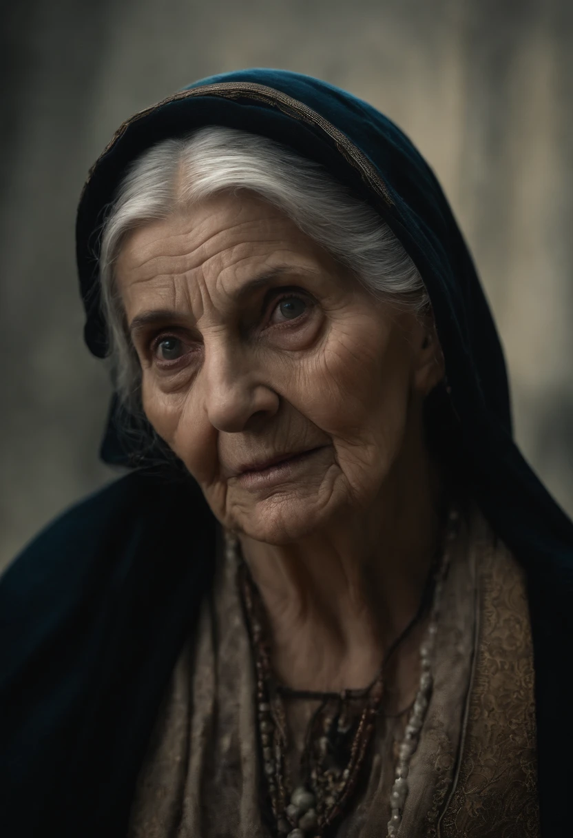 filme de terror, Cursed Old Woman, ,Very ugly old woman, in a dark environment,bruxa, cheia de rugas e cortes no rosto, na casa dos 90 anos, fundo de uma cozinha escura, olhos todos pretos, Roupas escuras, Rasgado, candle in hand, virado para a frente, detalhado no rosto,Realistic image,cabelos grisalhos,corvo