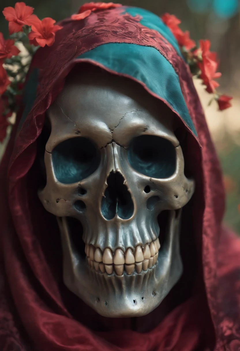 day of the dead , hooded skull with red silk cloak with a flower on its head,fantasy skull, scary detailed art in color, scary color art in 4 k, sacred skull, conjuring psychedelic background, detailed digital artwork, calavera, sacred skulls, psychedelic illustration, skull face, death skull, scary art in color, skull liminal void background, psychedelic art style