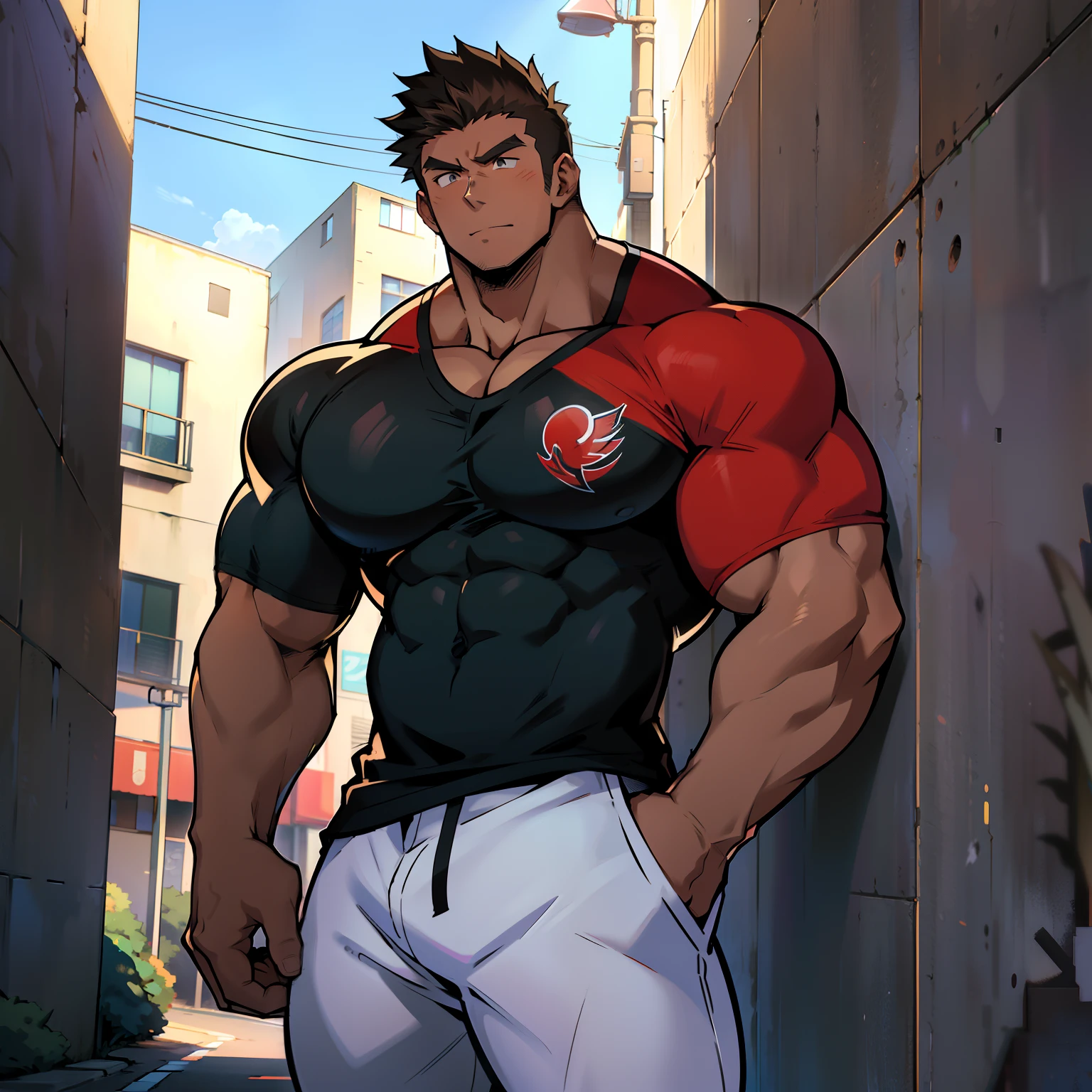 ((Anime style art)), Extremely muscular masculine character, bodybuilder body, wearing a V-neck t-shirt, The character is leaning against a wall. Pockets, Futuristic cityscape, Busy route, Buildings, person
AS & Vehicles. Main character from the anime, Nice image, Hard drive, 4k, Main character leaning against a wall with his hands at face level.