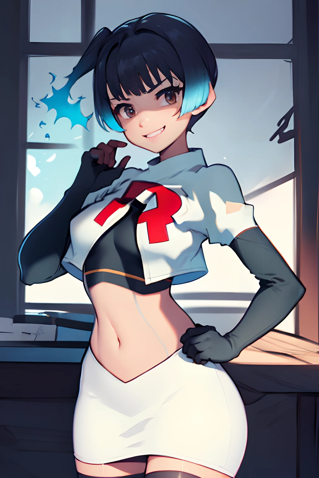 face of sena \(xenoblade\), 1girl,team rocket,team rocket uniform, red letter R, white skirt,white crop top,black thigh-highs,black elbow gloves,evil smile