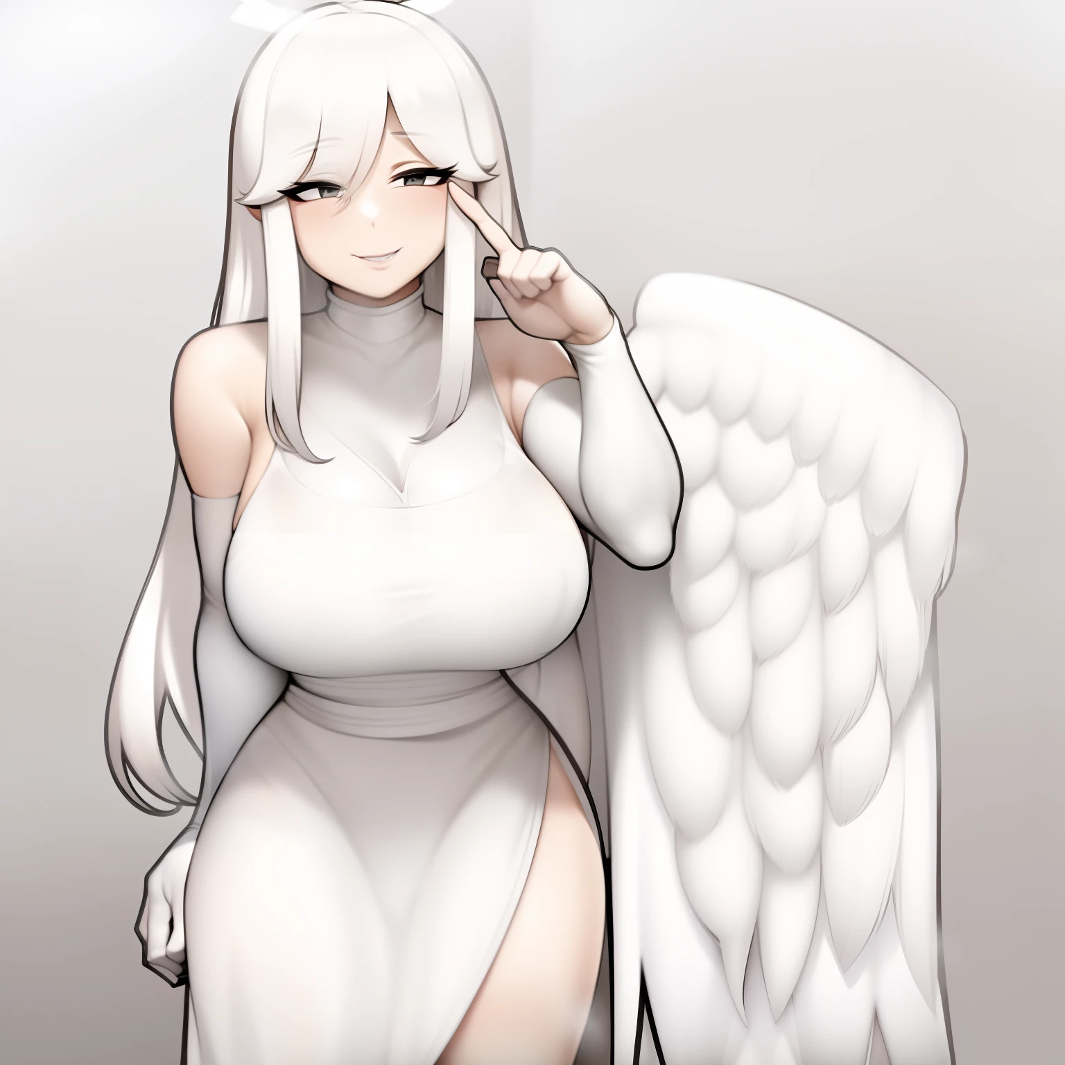 ((ultra quality)), ((masterpiece)), ((Angelic beauty woman)), ((long white curly hair)), ((White hair)), ((White hair)), ((curly hair)),  (beautiful face), (beautiful female lips), Enchanting ((Sweet facial expression)), looks at the camera with a slight smile, (White skin color), (White skin), glow on the body, ((detailed eyes)), ((violet eyes)), (juicy female lips), (dark eyeliner), (beautiful female hands), ((thick body)), ideal female body, ((nun&#39;s habit)), beautiful waist, beautiful big hips, big breasts, thick thighs, ((Subtle and beautiful)) (), ((depth of field)), ((high quality clear image)), (delete details), ((High detail)), ((clear focus))