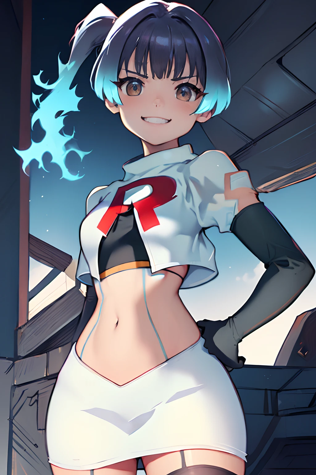 face of sena \(xenoblade\), 1girl,team rocket,team rocket uniform, red letter R, white skirt,white crop top,black thigh-highs,black elbow gloves,evil smile, hands on hips