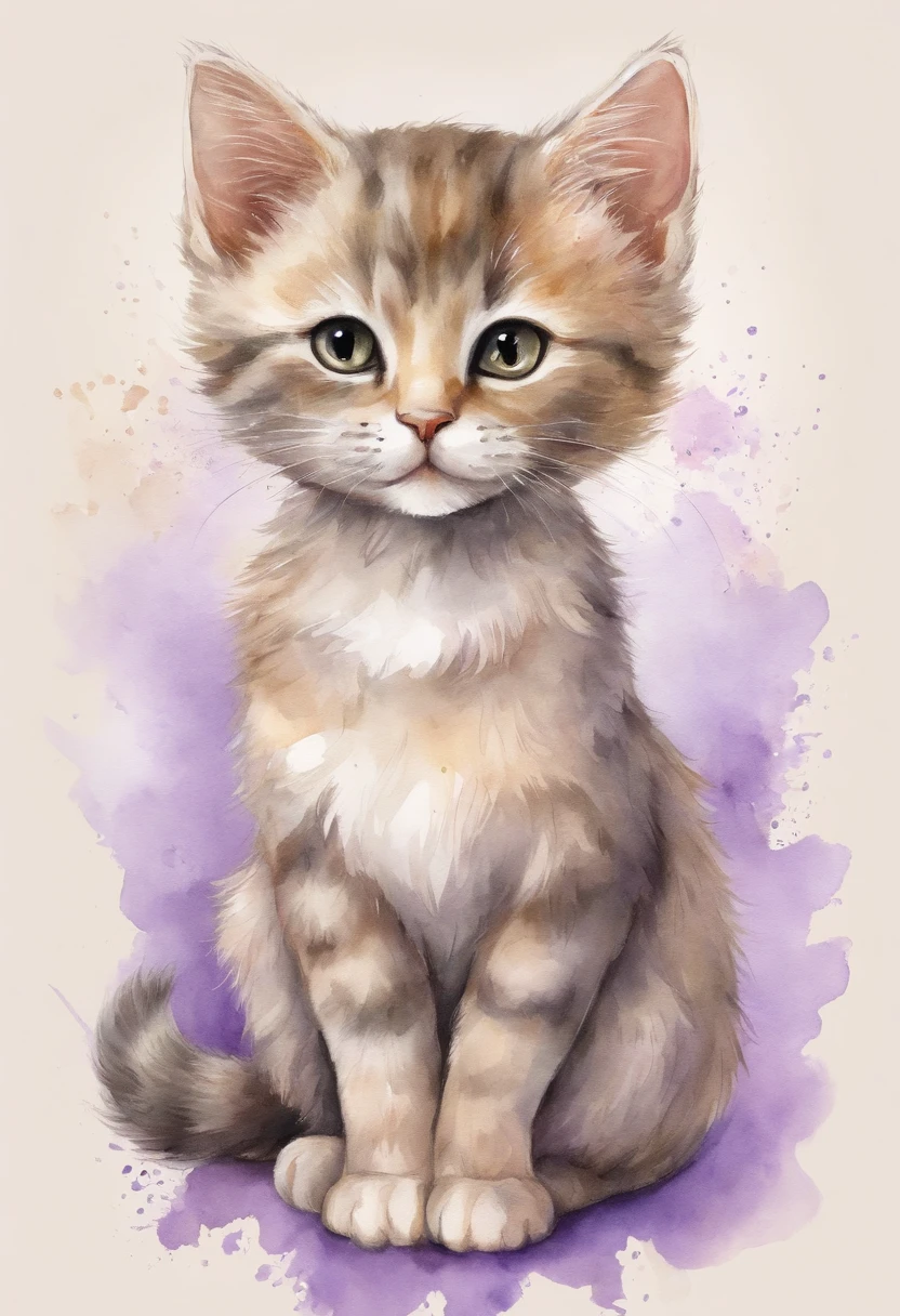Kawaii illustration of a baby cat wearing a super cute lilac dress. Super detailed, vector, delicate illustration with a charming expression (brown eyes), watercolor