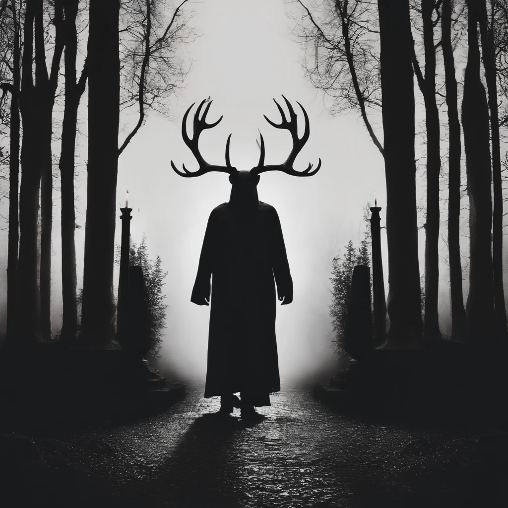(best quality,4k,8k,highres,masterpiece:1.2),ultra-detailed,(realistic,photorealistic,photo-realistic:1.37),horror,dark,occult,gloomy,color scheme,night time,shadowy,gloomy,ominous atmosphere,A person wearing a deer skull on their head,black robe,candle,burning, flickering light,satanic alter,creepy,dark magic,vivid colors,surrealistic,moonlight,shadows dancing,haunting,spooky aesthetic,ethereal,mysterious figure,ancient ritual,demonic presence,foreboding,menacing,macabre,occult symbols,cryptic writings,mystical,misty atmosphere,pale moonlight,gothic elements,ominous shadows,ghostly,ominous candles,whispering shadows,foreboding darkness,spellbinding,unearthly,unsettling energy,thick darkness,enchanted scenery,total darkness,forbidden rituals,lit by the candlelight,supernatural energies,esoteric knowledge,nightmare-like,hauntingly beautiful,cloaked figure,hooded,mesmerizing,hidden secrets,esoteric meanings,confounding,encrypting,key to the unknown,nightmarish,dark aura,unveiling the shadowy truth,strange and otherworldly,dark glamour,peculiar and eerie ambiance,sinister figure,silent,grim,ancient mysticism,otherworldly presence,ominous atmosphere,casting eerie shadows,dark enchantments,diabolical,cloaked in darkness.