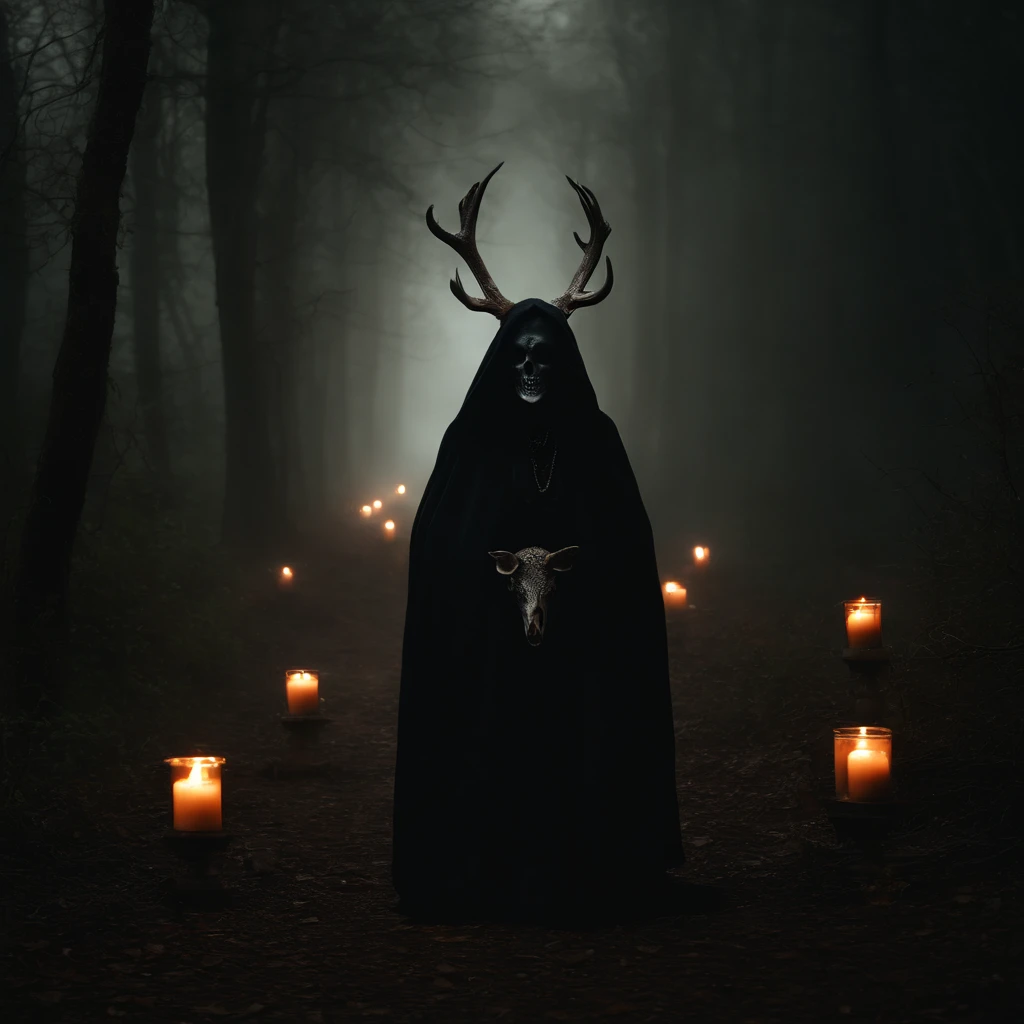 (best quality,4k,8k,highres,masterpiece:1.2),ultra-detailed,(realistic,photorealistic,photo-realistic:1.37),horror,dark,occult,gloomy,color scheme,night time,shadowy,gloomy,ominous atmosphere,A person wearing a deer skull on their head,black robe,candle,burning, flickering light,satanic alter,creepy,dark magic,vivid colors,surrealistic,moonlight,shadows dancing,haunting,spooky aesthetic,ethereal,mysterious figure,ancient ritual,demonic presence,foreboding,menacing,macabre,occult symbols,cryptic writings,mystical,misty atmosphere,pale moonlight,gothic elements,ominous shadows,ghostly,ominous candles,whispering shadows,foreboding darkness,spellbinding,unearthly,unsettling energy,thick darkness,enchanted scenery,total darkness,forbidden rituals,lit by the candlelight,supernatural energies,esoteric knowledge,nightmare-like,hauntingly beautiful,cloaked figure,hooded,mesmerizing,hidden secrets,esoteric meanings,confounding,encrypting,key to the unknown,nightmarish,dark aura,unveiling the shadowy truth,strange and otherworldly,dark glamour,peculiar and eerie ambiance,sinister figure,silent,grim,ancient mysticism,otherworldly presence,ominous atmosphere,casting eerie shadows,dark enchantments,diabolical,cloaked in darkness.