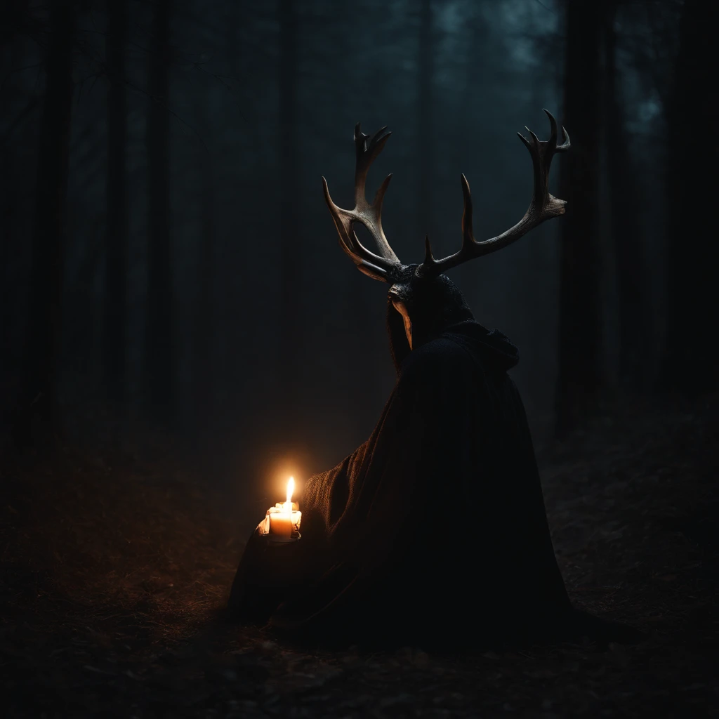 (best quality,4k,8k,highres,masterpiece:1.2),ultra-detailed,(realistic,photorealistic,photo-realistic:1.37),horror,dark,occult,gloomy,color scheme,night time,shadowy,gloomy,ominous atmosphere,A person wearing a deer skull on their head,black robe,candle,burning, flickering light,satanic alter,creepy,dark magic,vivid colors,surrealistic,moonlight,shadows dancing,haunting,spooky aesthetic,ethereal,mysterious figure,ancient ritual,demonic presence,foreboding,menacing,macabre,occult symbols,cryptic writings,mystical,misty atmosphere,pale moonlight,gothic elements,ominous shadows,ghostly,ominous candles,whispering shadows,foreboding darkness,spellbinding,unearthly,unsettling energy,thick darkness,enchanted scenery,total darkness,forbidden rituals,lit by the candlelight,supernatural energies,esoteric knowledge,nightmare-like,hauntingly beautiful,cloaked figure,hooded,mesmerizing,hidden secrets,esoteric meanings,confounding,encrypting,key to the unknown,nightmarish,dark aura,unveiling the shadowy truth,strange and otherworldly,dark glamour,peculiar and eerie ambiance,sinister figure,silent,grim,ancient mysticism,otherworldly presence,ominous atmosphere,casting eerie shadows,dark enchantments,diabolical,cloaked in darkness.