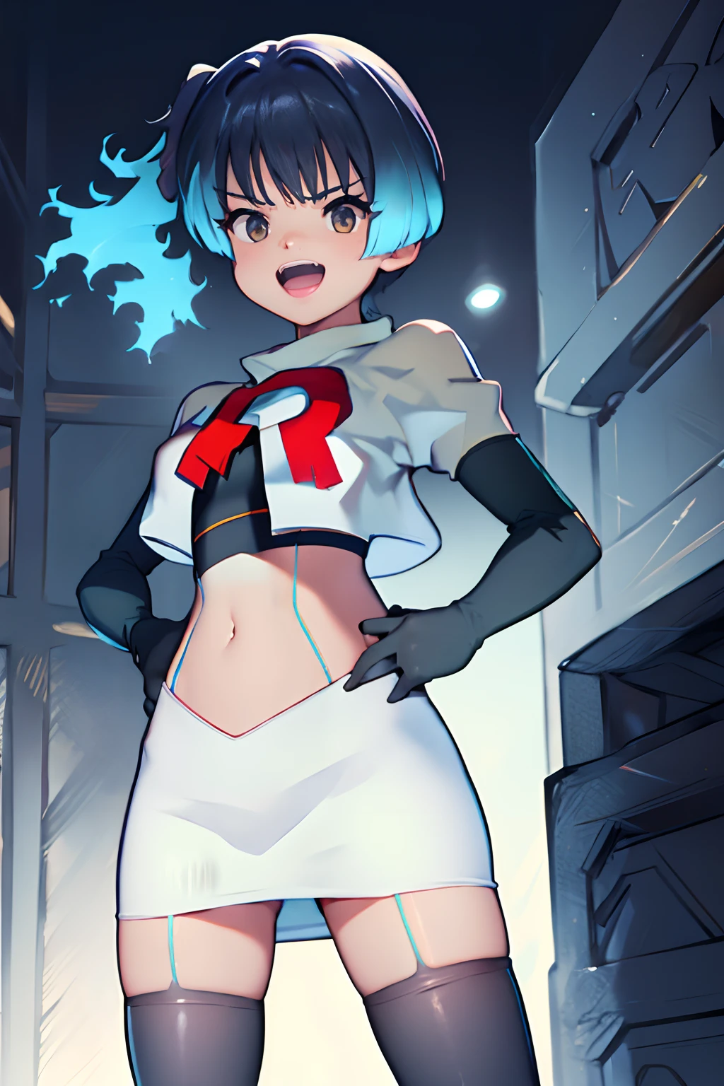 face of sena \(xenoblade\), 1girl,team rocket,team rocket uniform, red letter R, white skirt,white crop top,black thigh-highs,black elbow gloves,evil laugh , hands on hips