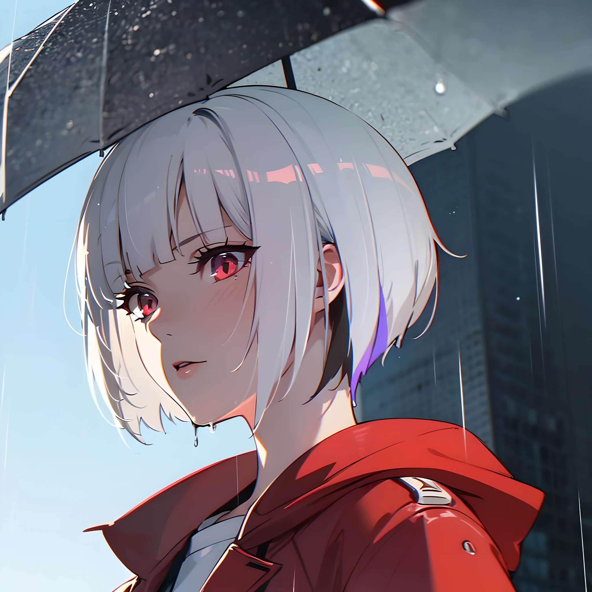 close upcharacter portait, A woman stands in the rain in downtown Tokyo, white bob hair cut, multicolored eyes, pose,