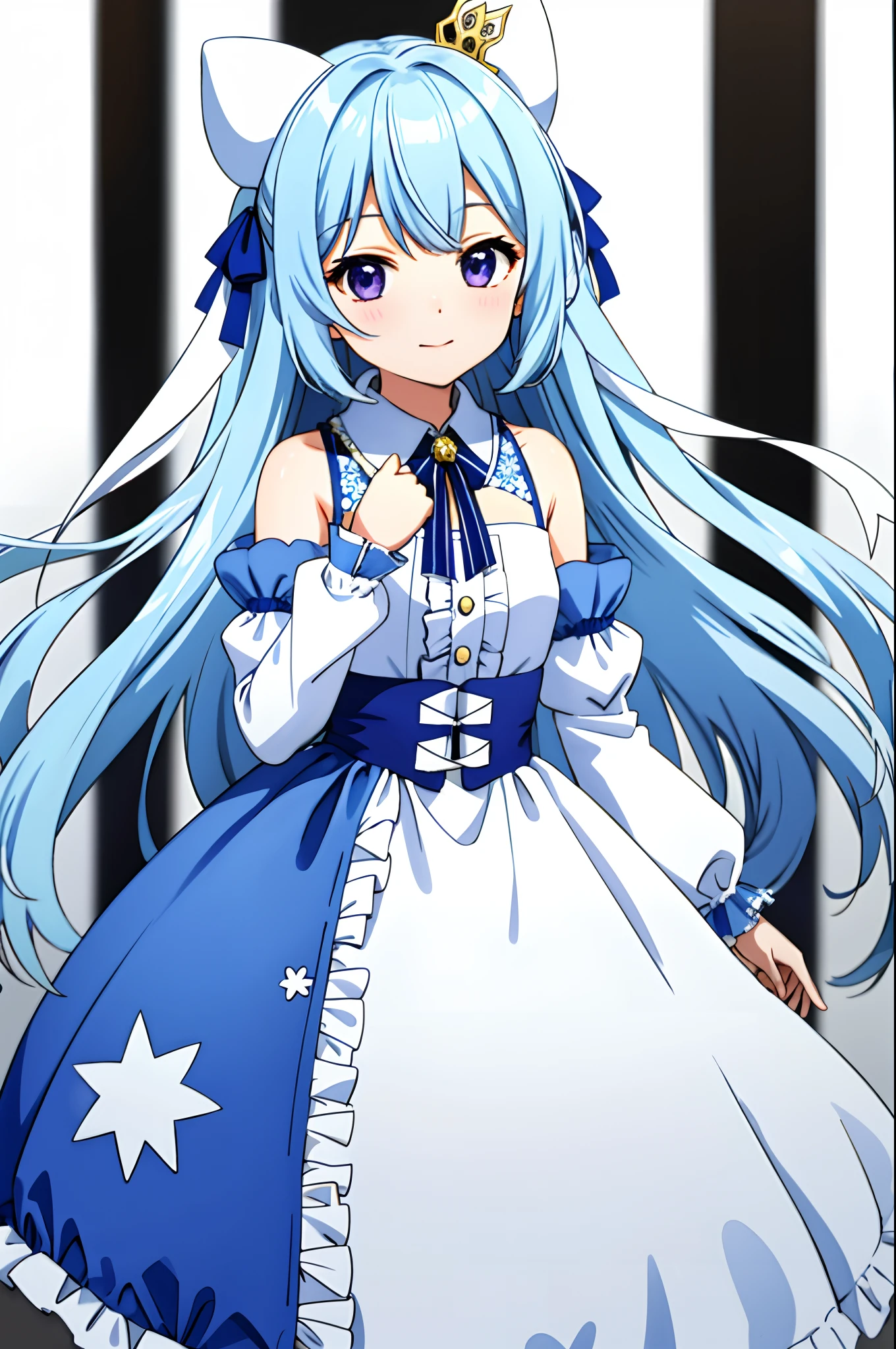 1girll, Solo, Yuki Miku, Long hair, double tails, (Light blue hair:1.2), Purple Eye, ((Snowflower_print;1.3)), Snowflower_hair_ornamented, Detached sleeves, Puffy sleeves, Puffy removed sleeves, Pedras preciosas, Jewelry, corsage, No shoulder strap, yuki, head gear, Princess, (tchibi_Style:1.2), Yuki_Friends_(2019), ((White collar)), Cute, can't be this cute,