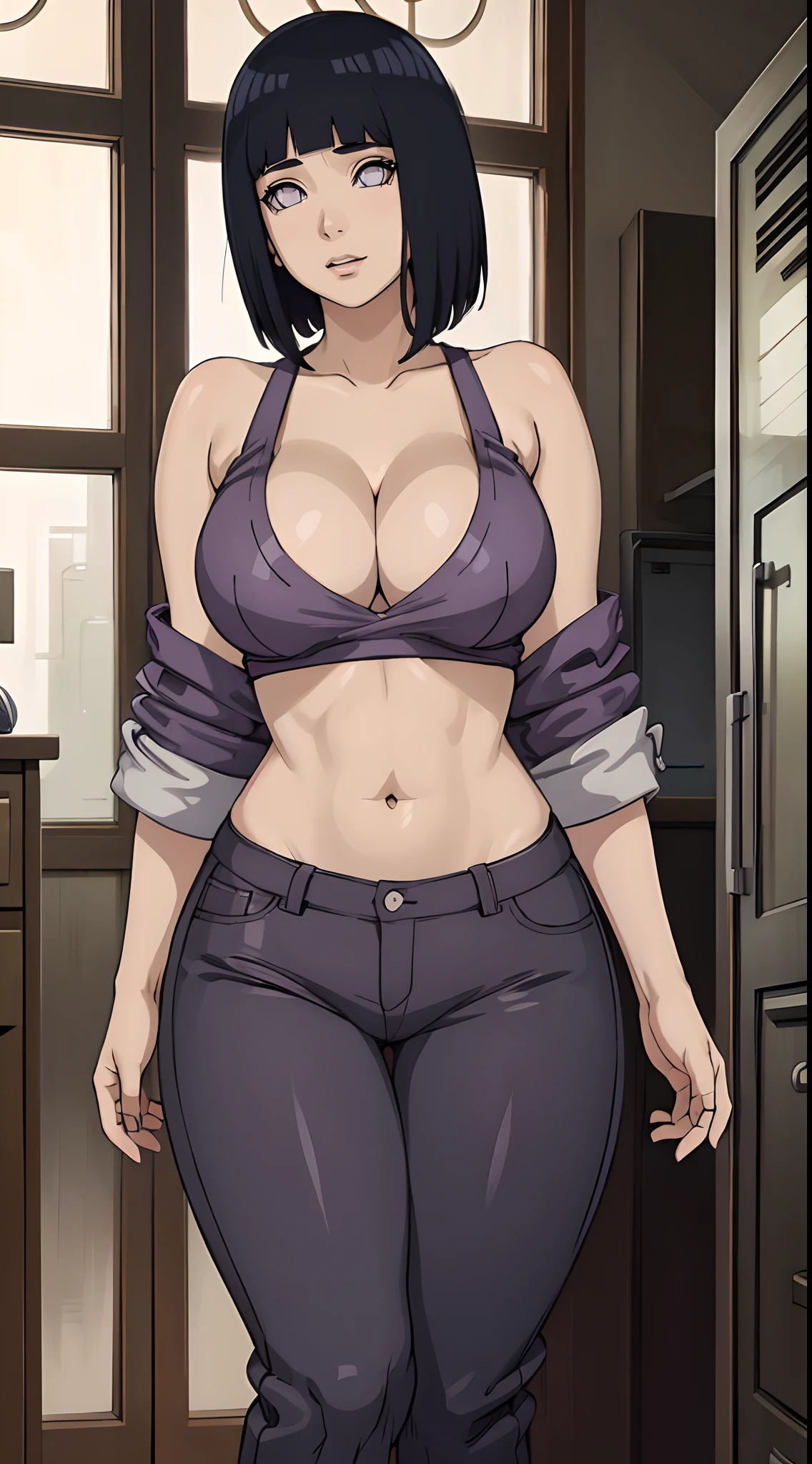 (best quality:1.3), hinata hyuga, busty, cleavage, seductive, sexy, curvy body, pants lagging