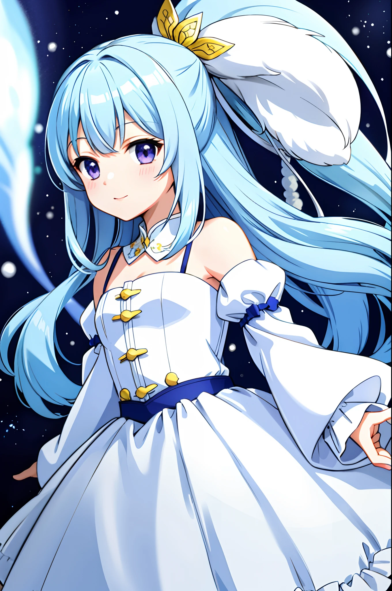 1girll, Solo, Yuki Miku, Long hair, double tails, (Light blue hair:1.2), Purple Eye, ((Snowflower_print;1.3)), Snowflower_hair_ornamented, Detached sleeves, Puffy sleeves, Puffy removed sleeves, Pedras preciosas, Jewelry, corsage, No shoulder strap, yuki, head gear, Princess, (tchibi_Style:1.2), Yuki_Friends_(2019), ((White collar)), Cute, can't be this cute,