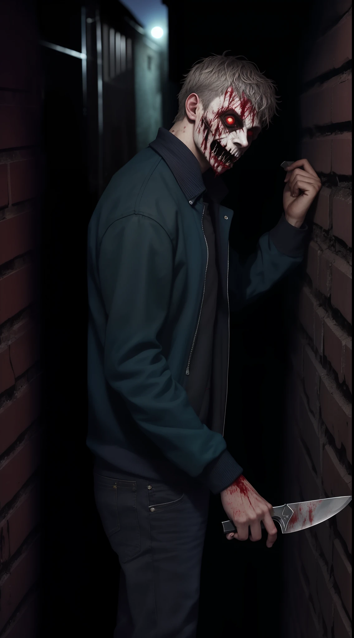 Halloween Month Special: A -yeld psopathic teenager holding a knife in a dark alley at 3 o'clock in the morning, looking at the viewer, is a cruel and soulless killer, a rather dangerous serial killer, torn clothes full of blood, mouth is full of blood. Bizarro bizarro e muito perturbador.