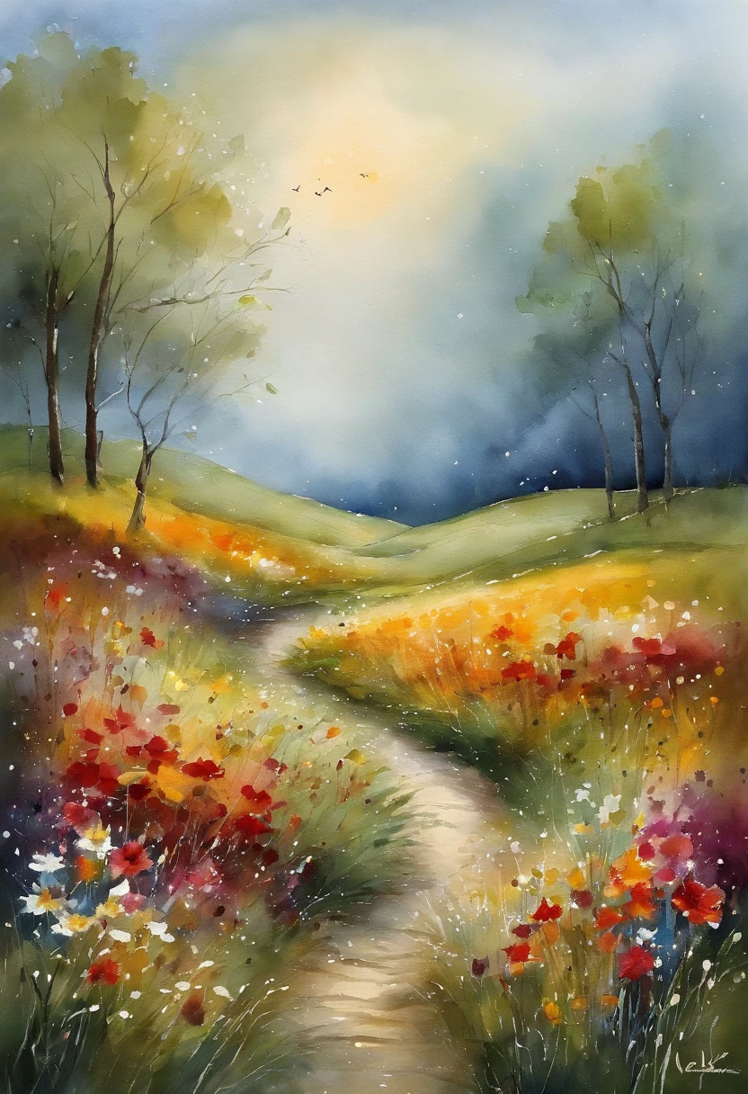 Beautiful scenery of the cosmos countryside、Excellent image quality、Best quality at best、beautiful colors、Atmosphere with natural light、Smooth camerawork、Soft tones、Night Glow、Calm atmosphere、elegant atmosphere、Petal dance、Blue and open sky、gentle breeze、Feeling happy、Rich natural environment、Beautiful representation of light。