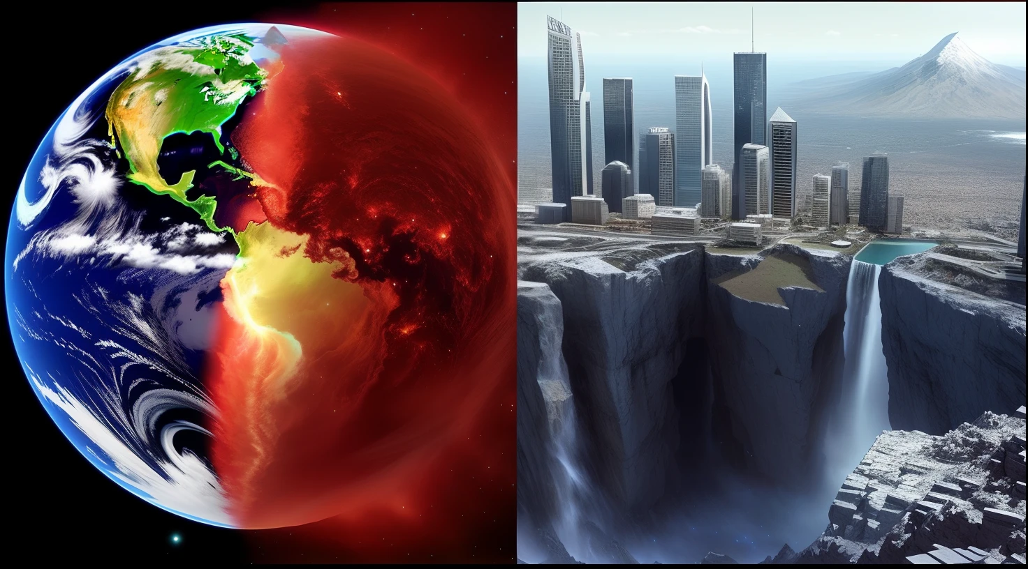 An image taken from a computer screen shows a split in half, Fin del mundo, Fin del mundo, El fin del mundo, Giant Sentinel Crashed on Earth, The world is on fire, Time of invasion on planet Earth, El mundo en llamas, CGI Efectos especiales, accurate depiction, foto de perfil, Mundo en llamas, Incredibly epic visuals, Science-Fiction