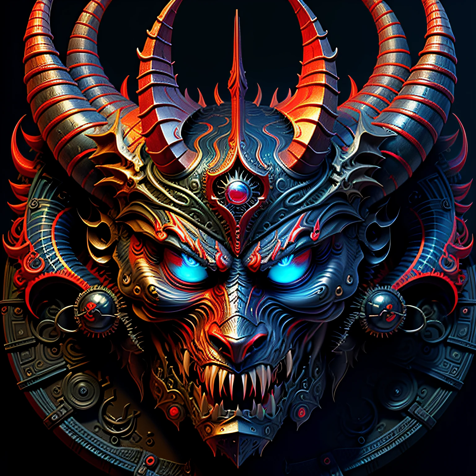 A w44p3n of a blue and red silver demon in front of a black background, opulent, 4K, insanely details