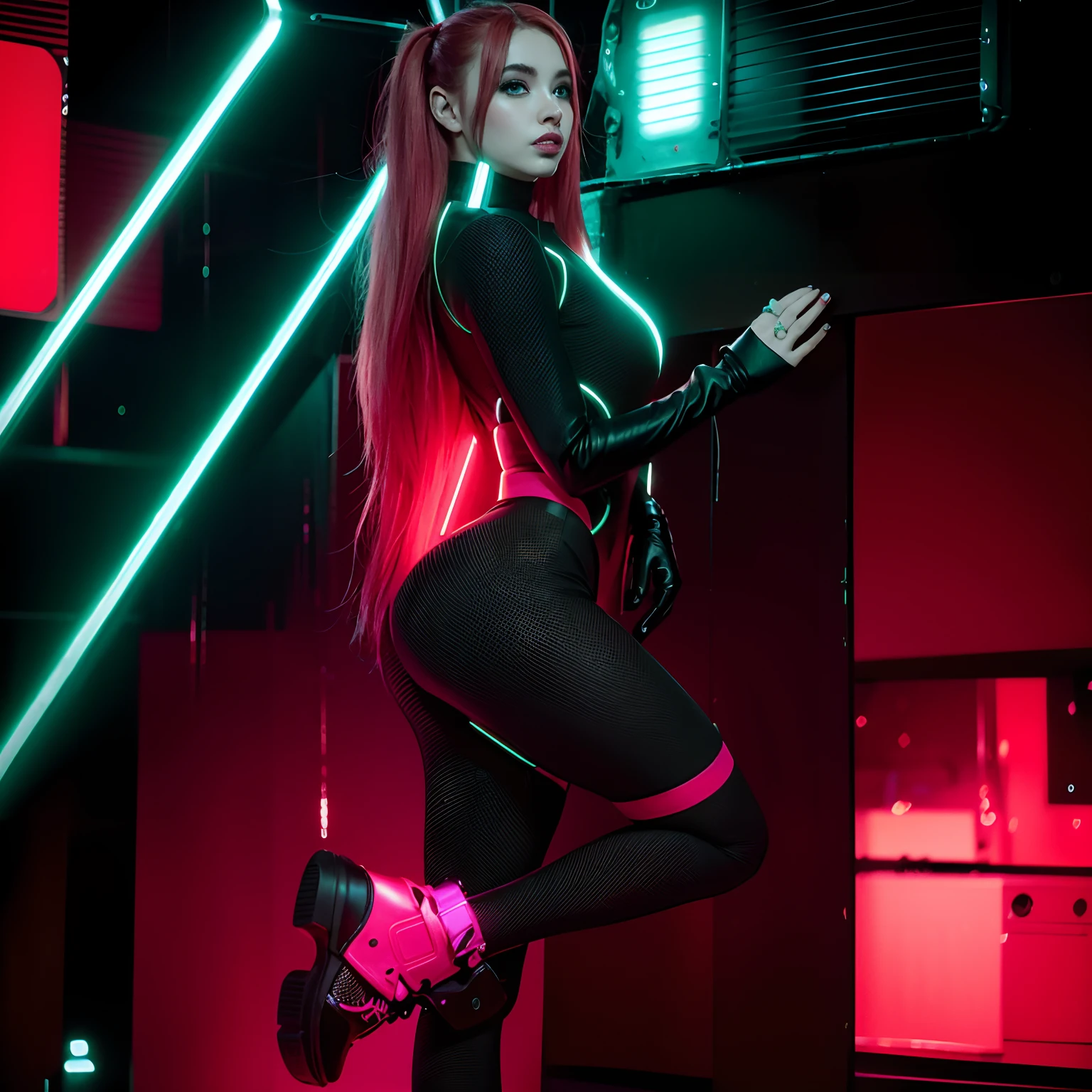 Araffe red-haired woman posing in a black outfit with neon lights backdrop, Ava Max, Vestimenta ajustada, Traje ajustado, neon lit, cyberpunk 2 0 y. o Chica modelo, Amouranth , thick neon lights