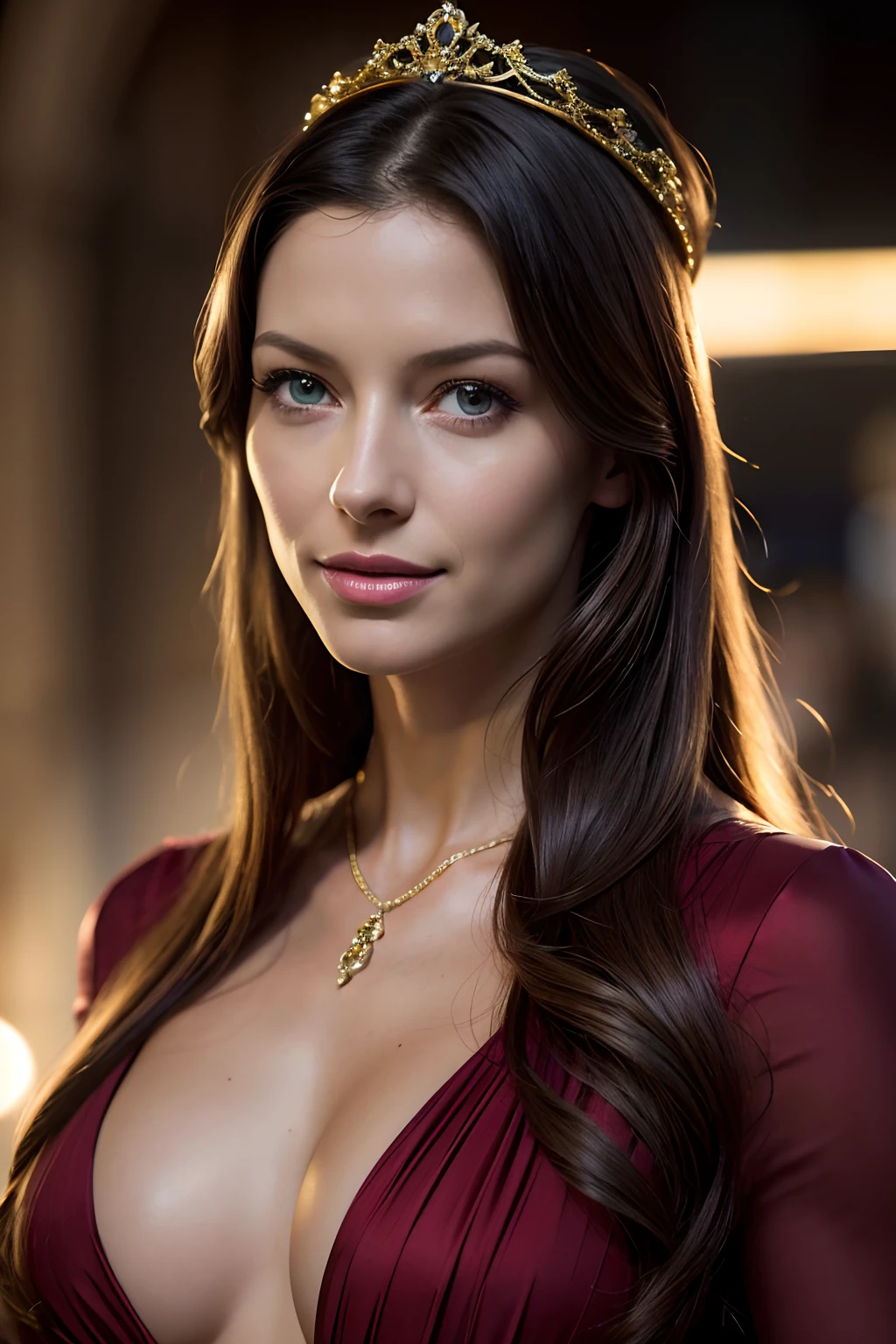 Caitríona Balfe, Traje sensual de corpo inteiro, modelo de passarela, 1.8m de altura, cabelo amarrado, olhos verdes claros, Smiling lips, olhar apaixonado, hand on her chin, etapas finais, alta qualidade, ultra-detalhado, Realistic, vivid colors, Retratos, studio lighting, tom de cor quente, luz suave e natural.(best quality,4k,8k,highres,masterpiece:1.2),ultra-detailed,(realistic,photorealistic,photo-realistic:1.37), female silhouette in Hollywood, glamorous atmosphere, red carpet event, elegant evening gown, stunning pose, graceful movements, long flowing hair, intense gaze, enchanting smile, radiant confidence, golden spotlight, cinematic lighting effects, soft and warm colors, dramatic shadows, atmospheric ambience, timeless beauty, celebrity status,traje de festa ,contemporanio ,Bright color on the neck and shiny tiara on the tied hair .hiper realismo ,cam 4k8k melhor qualidade