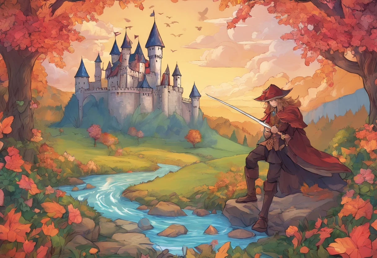 Personagem ladino de fantasia sombria de costas em uma rua com um castelo ao fundo no horizonte, full body portrait