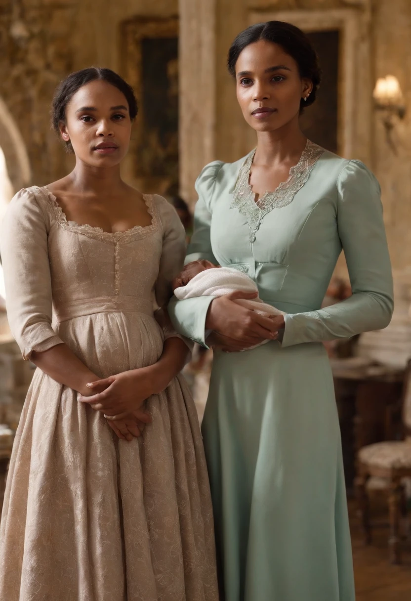 Ranavalona III, Reine de Madagascar, Inside and standing in a colonial house, next to her sister who gave birth, The newborn in her arms. The background shows a French colonial house. Ranavalona wears an elegant dress, And the atmosphere is tense. Image Quality : 4K