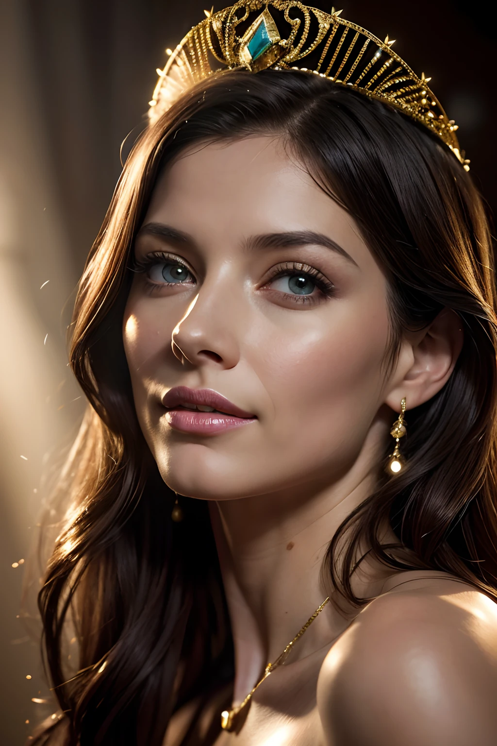 Caitríona Balfe, Traje sensual de corpo inteiro, modelo de passarela, 1.8m de altura, cabelo amarrado, olhos verdes claros, Smiling lips, olhar apaixonado, hand on her chin, etapas finais, alta qualidade, ultra-detalhado, Realistic, vivid colors, Retratos, studio lighting, tom de cor quente, luz suave e natural.(best quality,4k,8k,highres,masterpiece:1.2),ultra-detailed,(realistic,photorealistic,photo-realistic:1.37), female silhouette in Hollywood, glamorous atmosphere, red carpet event, elegant evening gown, stunning pose, graceful movements, long flowing hair, intense gaze, enchanting smile, radiant confidence, golden spotlight, cinematic lighting effects, soft and warm colors, dramatic shadows, atmospheric ambience, timeless beauty, celebrity status,traje de festa ,contemporanio ,Bright color on the neck and shiny tiara on the tied hair .hiper realismo ,cam 4k8k melhor qualidade