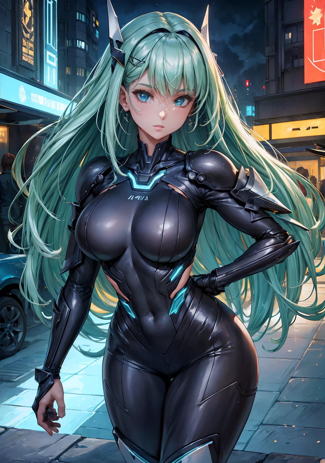A mais alta qualidade de imagem, Detalhes marcantes, ultra-high resolution, (realismo: 1.4), The best illustration, favor details, 1girl altamente condensado, com um rosto delicado e bonito, vestido em um mecha preto e verde, usando um capacete mecha, segurando um controlador direcional, andar de moto, the background is a high-tech lighting scene of the future city.