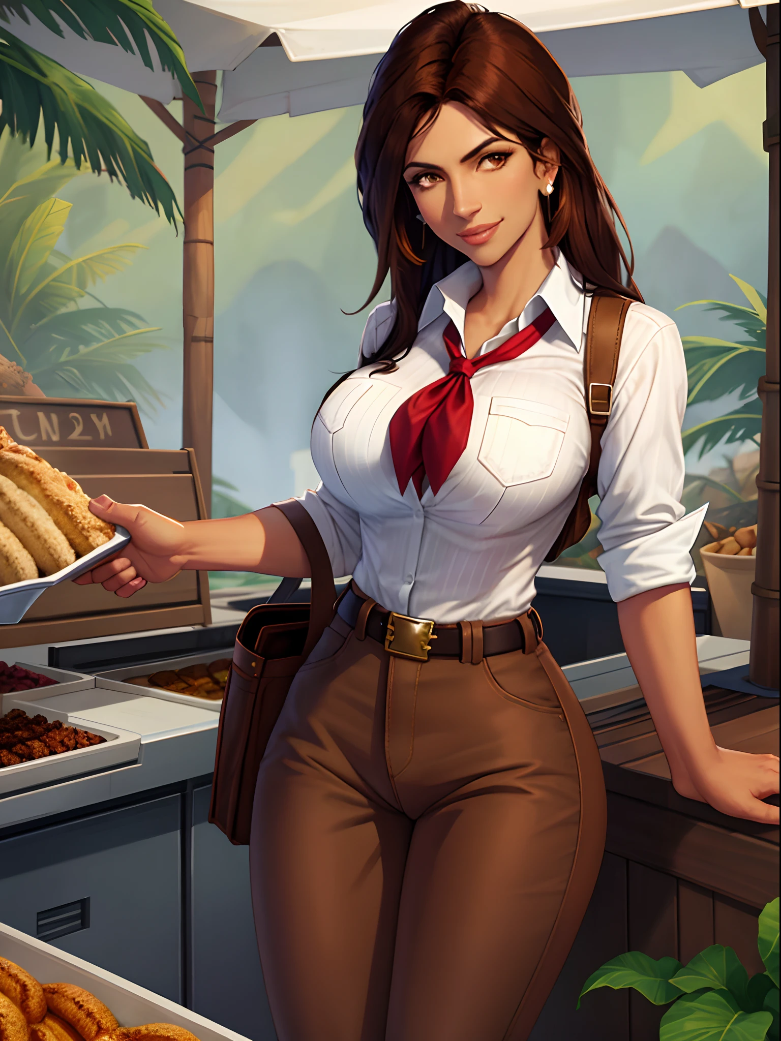 Denise Milani, latina, bronze skin, Hispanic, dark skin, solo, 1girl, brown hair, long hair, red neckerchief, Denise Milani body type, beautiful, smile, Amazon River explorer from the 1920s, gun holster on hip, gun in holster, white pinstripe button up shirt, shirt unbuttoned, shirt tucked into brown pants, Brazilian market, shops, vendors, outside, chatting with viewer, holding ore