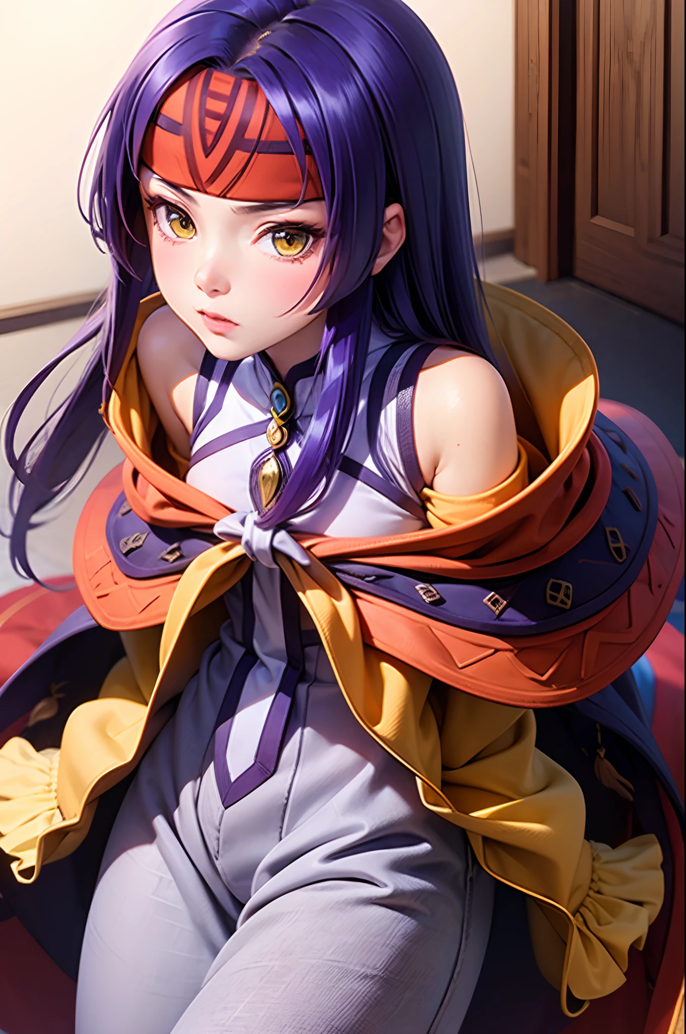 Sanaki_fe, long_dress, long_sleeves, purple_hair, long hair, headband, wide_sleeves, yellow_eyes, sandals, robe, baggy white pants