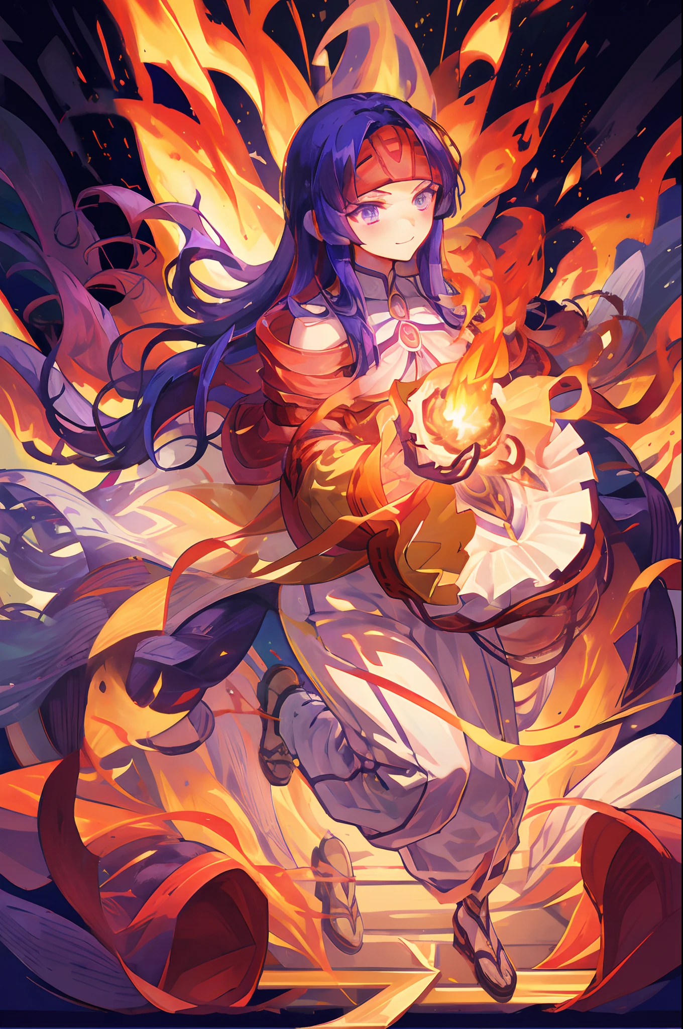 Sanaki_fe, long_dress, long_sleeves, purple_hair, long hair, headband, wide_sleeves, yellow_eyes, sandals, robe, baggy white pants, surrounded by fire magic, flames, glowing eyes, smirk, full body