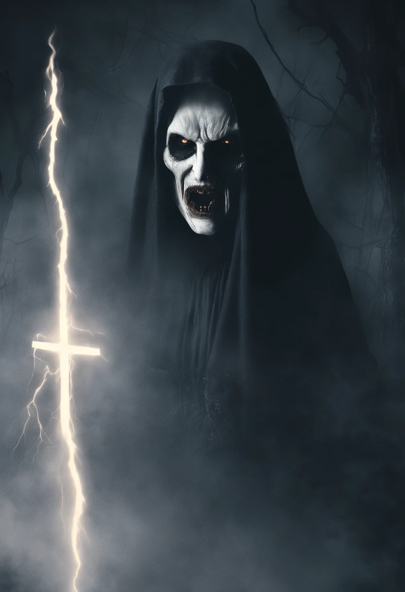 best quality,highres,realistic,ultra-detailed,photorealistic:1.37,horror,Valak from The Nun,dark,evil,nun,creepy,possessed demonic spirit,long dark hair,pale white face,piercing yellow eyes,sharp teeth,religious habit with a veil,spooky atmosphere,haunting presence,eerie lighting,malevolent expression,sinister grin,sinister aura,demonic power,scary backdrop,dilapidated church,religious symbols,cemetery,thunderstorm,misty fog,ominous presence,terror,gruesome,frightening presence,nightmare-inducing.