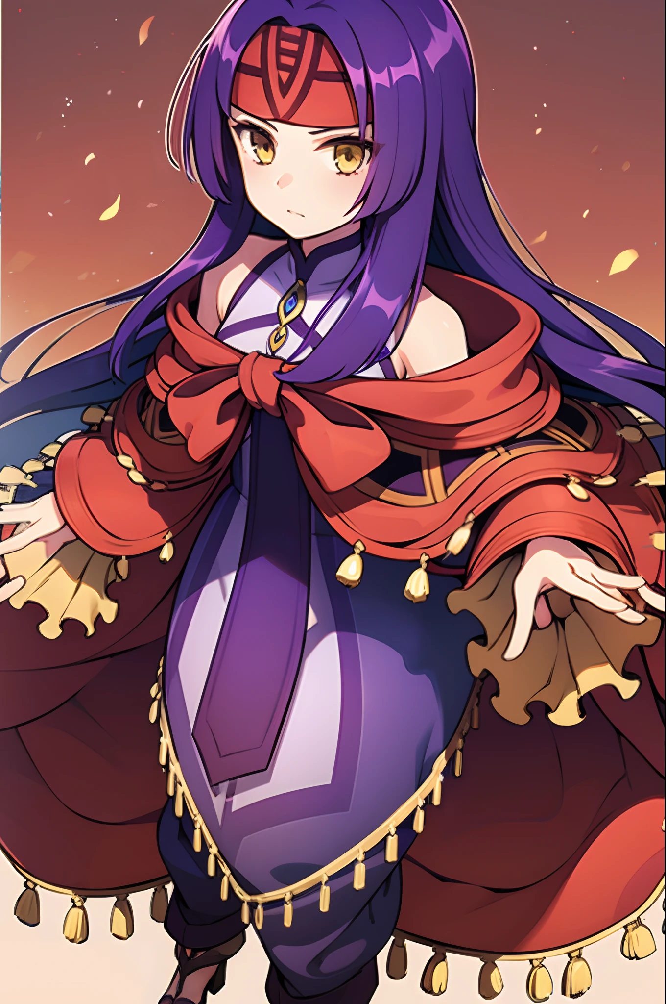 Sanaki_fe, long_dress, long_sleeves, purple_hair, long hair, headband, wide_sleeves, yellow_eyes, sandals, robe