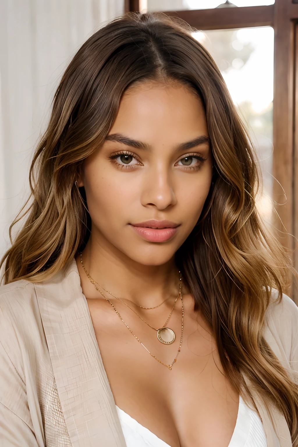 a young brown skinned woman wearing a necklace with long ombre blond hair and brown eyes, in the style of precisionist, wavy, textural layering, light amber and pink, olive cotton, flattering lighting, effortlessly chic