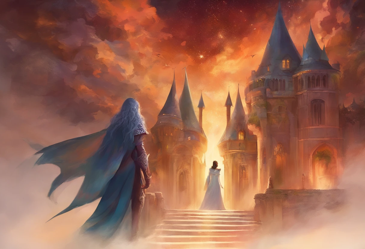 Personagem ladino de fantasia sombria de costas em uma rua com um castelo ao fundo no horizonte a noite, full body portrait