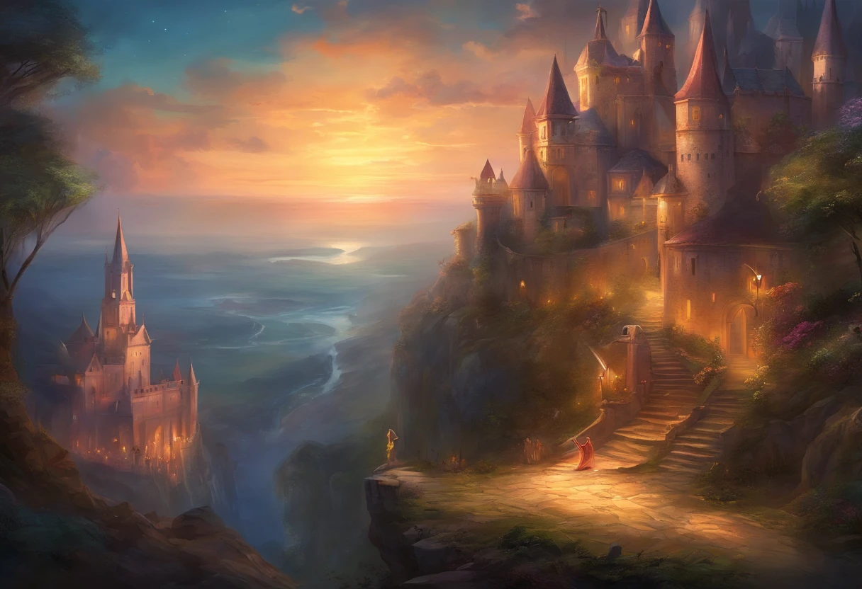 Personagem ladino de fantasia sombria de costas em uma rua com um castelo ao fundo no horizonte a noite, full body portrait