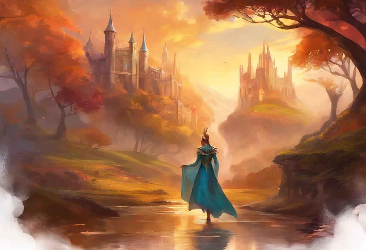 Personagem ladino de fantasia sombria de costas em uma rua com um castelo ao fundo no horizonte a noite, full body portrait