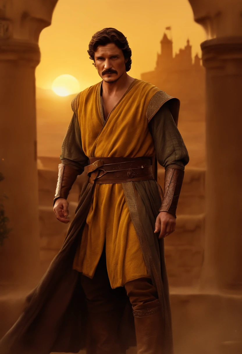 1boy,man (pedro pascal:1.15),playing Oberyn Martell,(brown eyes:1.35),(masterpiece:1.10),(best quality:1.10),(sketch,cel shading:1.10),(illustration:1.10),Game of Thrones matte painting background,official art,gold and yellow robes,golden hour,sunset,dynamic action pose, pirate robes