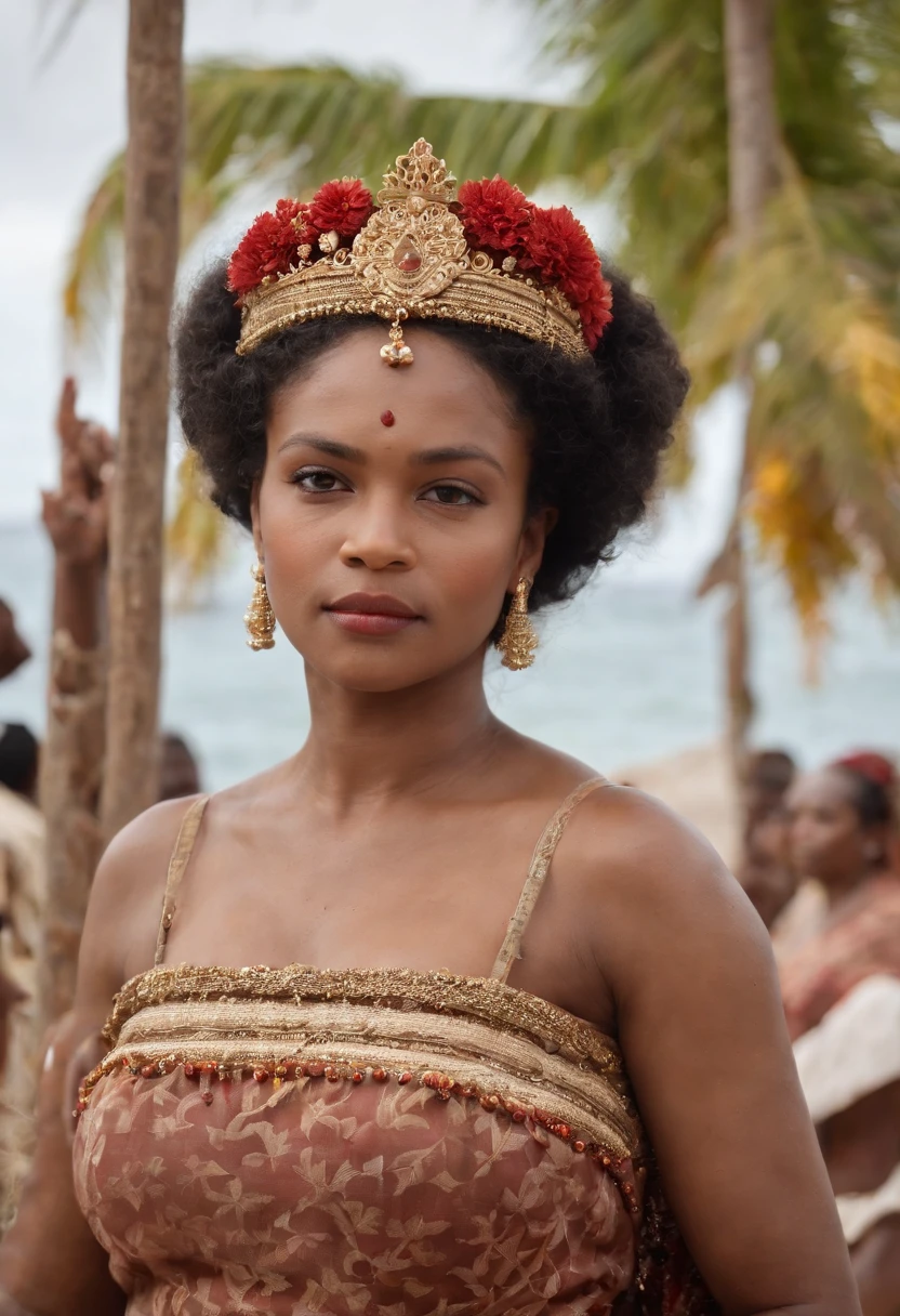 Generate a dignified and historically accurate portrayal of Queen Nzinga of Ndongo and Matamba. Envision Queen Nzinga in regal attire that reflects her status and the cultural aesthetics of her time. Capture her strength, intelligence, and leadership qualities in her expression and posture. Pay attention to details such as traditional garments, accessories, and any symbols that represent her legacy. Consider placing her in a setting that reflects the historical and cultural context of Ndongo and Matamba during her reign. Use warm, vibrant colors to convey both the richness of her character and the historical period. Craft an image that honors the resilience and leadership of Queen Nzinga.