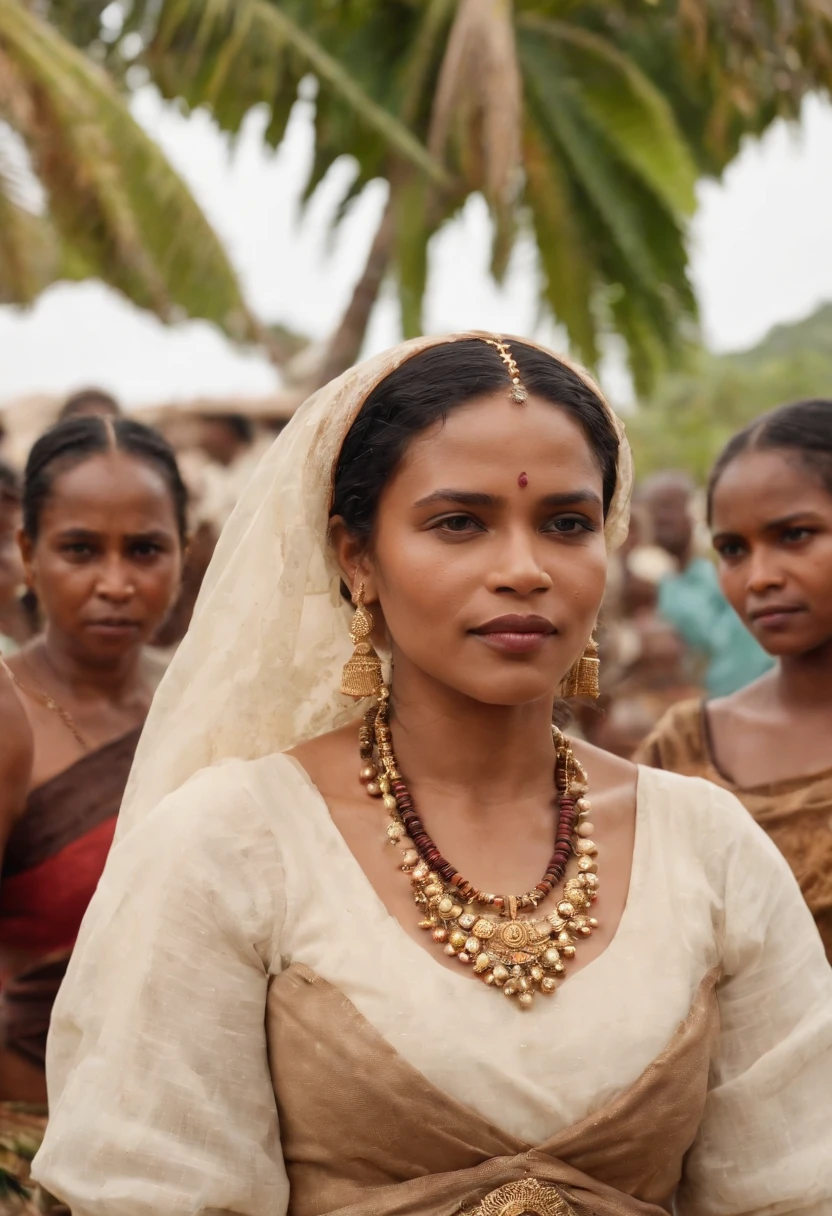 Ranavalona III, the last queen of Madagascar, embarquant depuis le port de Tamatave en 1897. She is surrounded by her sister and pregnant niece, ready to leave Madagascar for Reunion Island. L'ambiance est lourde, and the harbour is bustling with merchants and boats. Image Quality : 4K.