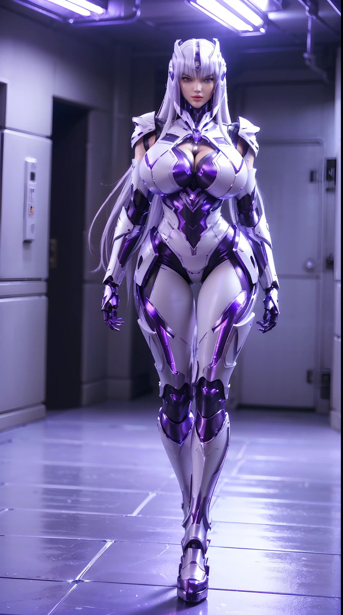 (1GIRL, ALONE, SOLO), (super detailed face), (white Long Hair:1.5), (mecha Phoenix helm:1.2), (BIG BUTTOCKS, 11 LINE ABS, HUGE BOOBS:1.5), (MECHA GUARD ARM:1.3), (PURPLE SHINY MECHA CYBER ARMORED, CLEAVAGE, MECHA SKINTIGHT SUIT PANTS, DIAMOND CORE IN ARMOR, MECHA GUARD ARMOR LEGS, HIGH HEELS:1.5), (THICC MUSCULAR BODY, SEXY LONG LEGS:1), (LOOKING AT VIEWER:1.3), (famale focus:0.886), (WALKING DOWN HALLWAY OF FUTURISTIC SPACE STATION:1), (BRIGHT LIGHTING:1.5), SUPER TEXTURE, UNREAL ENGINE RENDER, PHYSICALLY-BASED RENDERING, ULTRA HIGHT DEFINITION, 16K, 1080P.