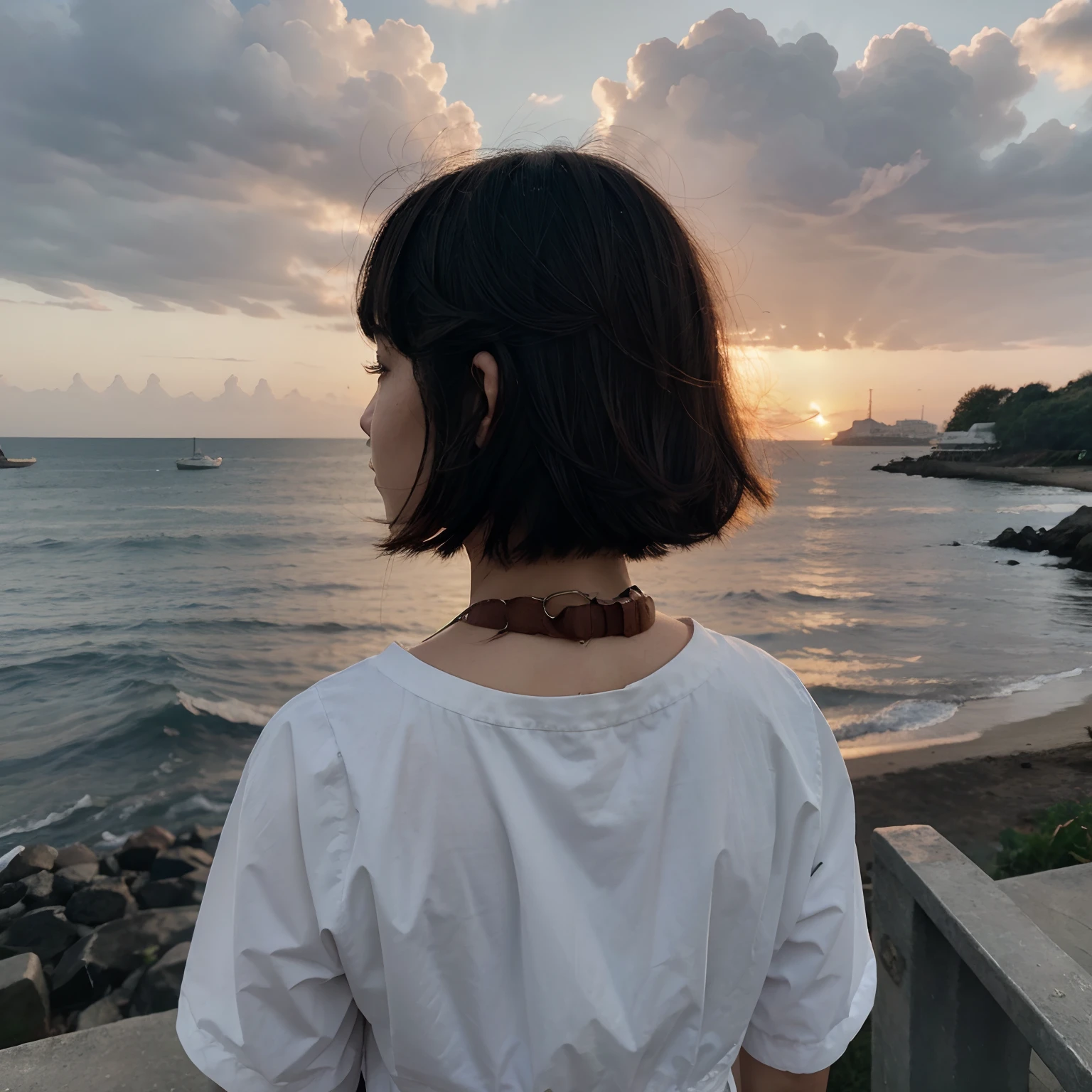 1 girl in、bob、hair、Dark hair、See sunsets in the distance、backs、a sailor suit、