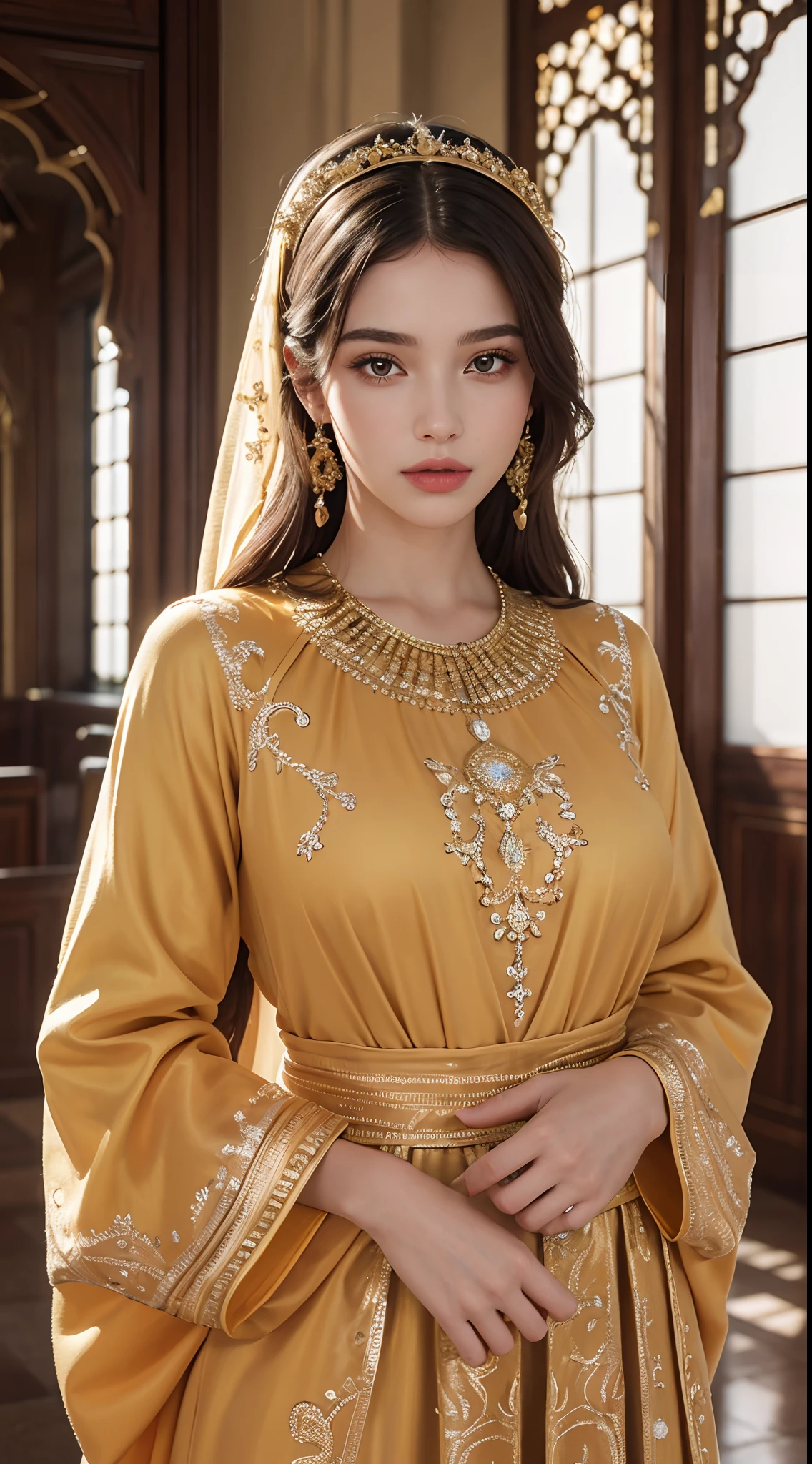 (master piece: 1.3), (8k, photoreallistic, Photo brute, beste-Qualit: 1.4), (1fille), beau visage, (realistic face), (cheveux rouges , cheveux long rouges1.3), belle coiffure, Realistic Crystal Brilliant Bright Eyes Bright, beautiful detailed eyes brilliant European beauty, (realistic skin), belle peau, (tirer), absurdes, attrayant, ultra highres, ultra realist, highly detailed, Golden Ratio Wearing Moroccan Islamic Kaftan Outfit Half Orange Half Yellow